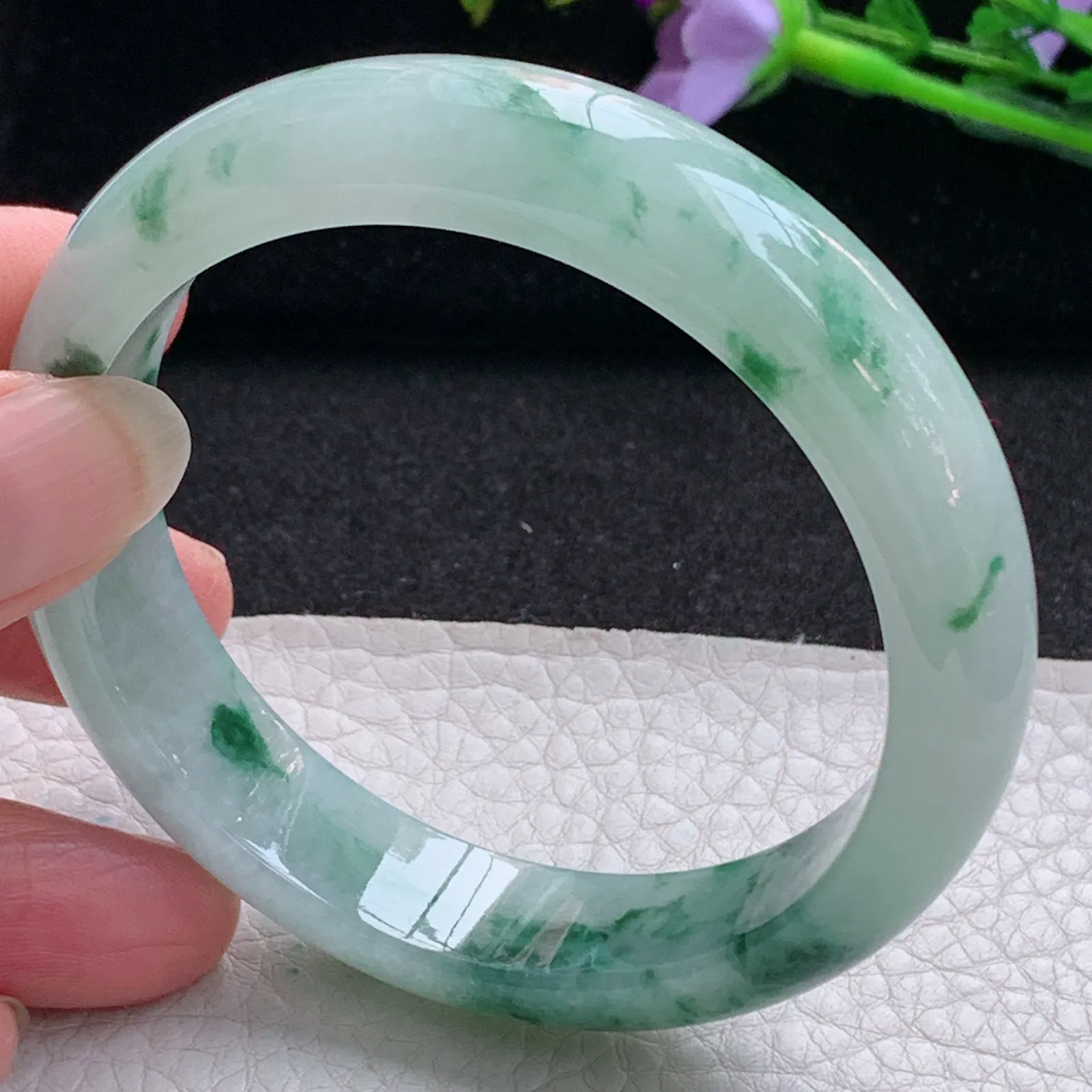 nc实拍57.5*13.8*7.8平安镯 天然缅甸翡翠冰飘花玉手镯宽边玉手环