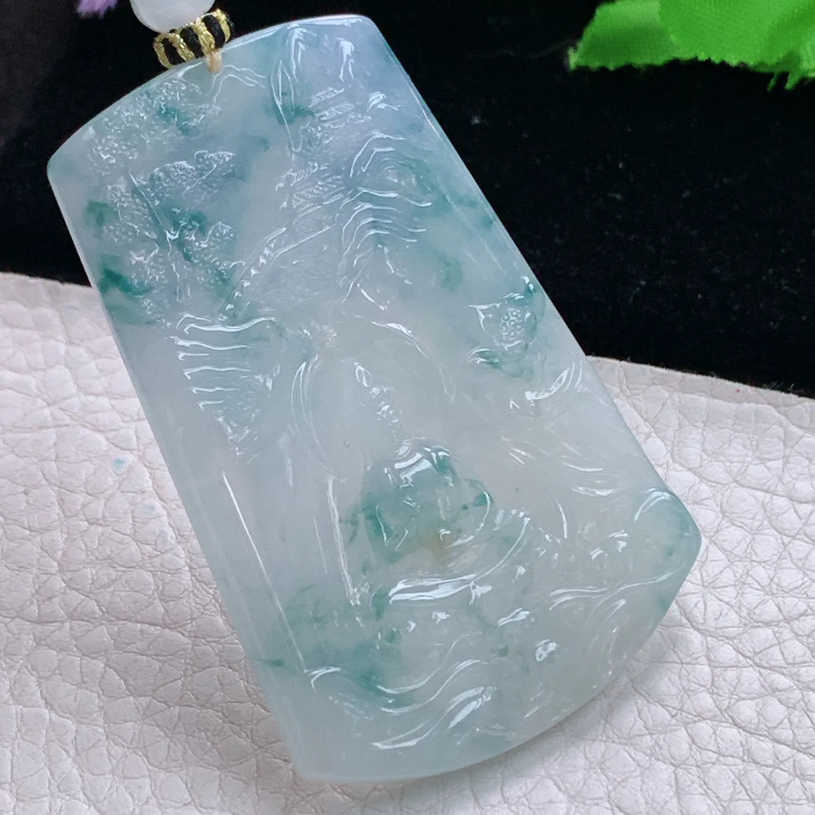 yl实拍65.5*42.5*5缅甸翡翠精雕冰胶飘紫花山水观音 玉观音玉吊坠