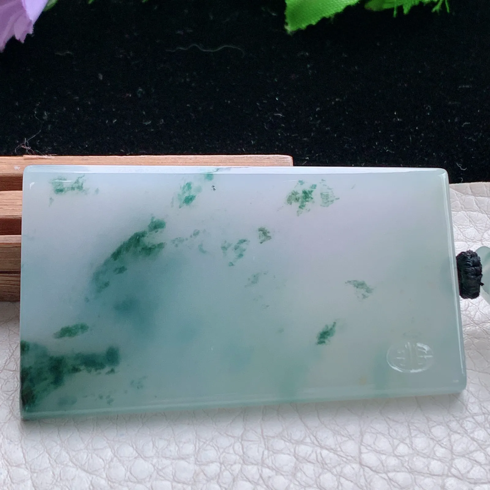 cys实拍63.9*39.6*6缅甸翡翠精雕冰飘花无事牌 素面牌玉吊坠