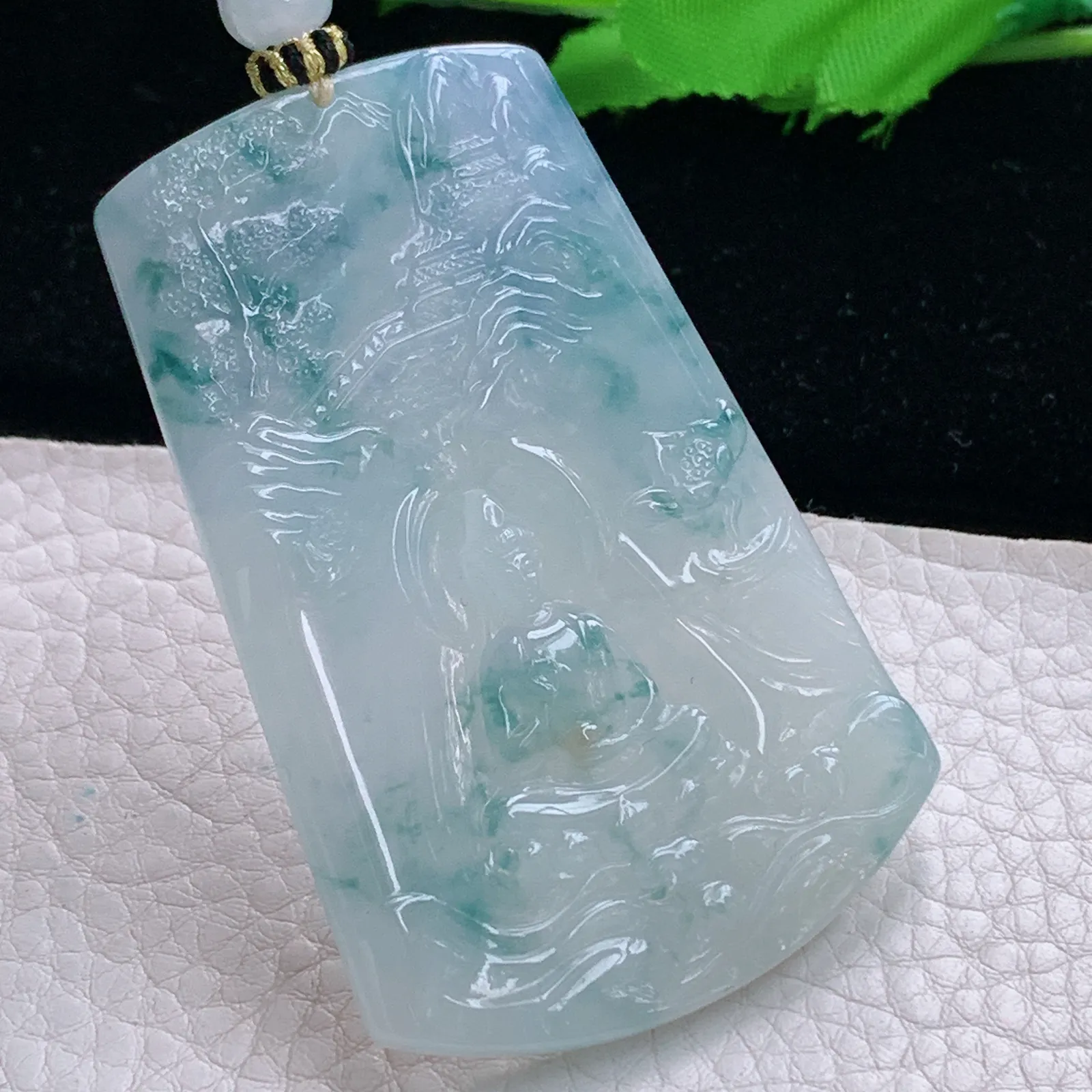 yl实拍65.5*42.5*5缅甸翡翠精雕冰胶飘紫花山水观音 玉观音玉吊坠