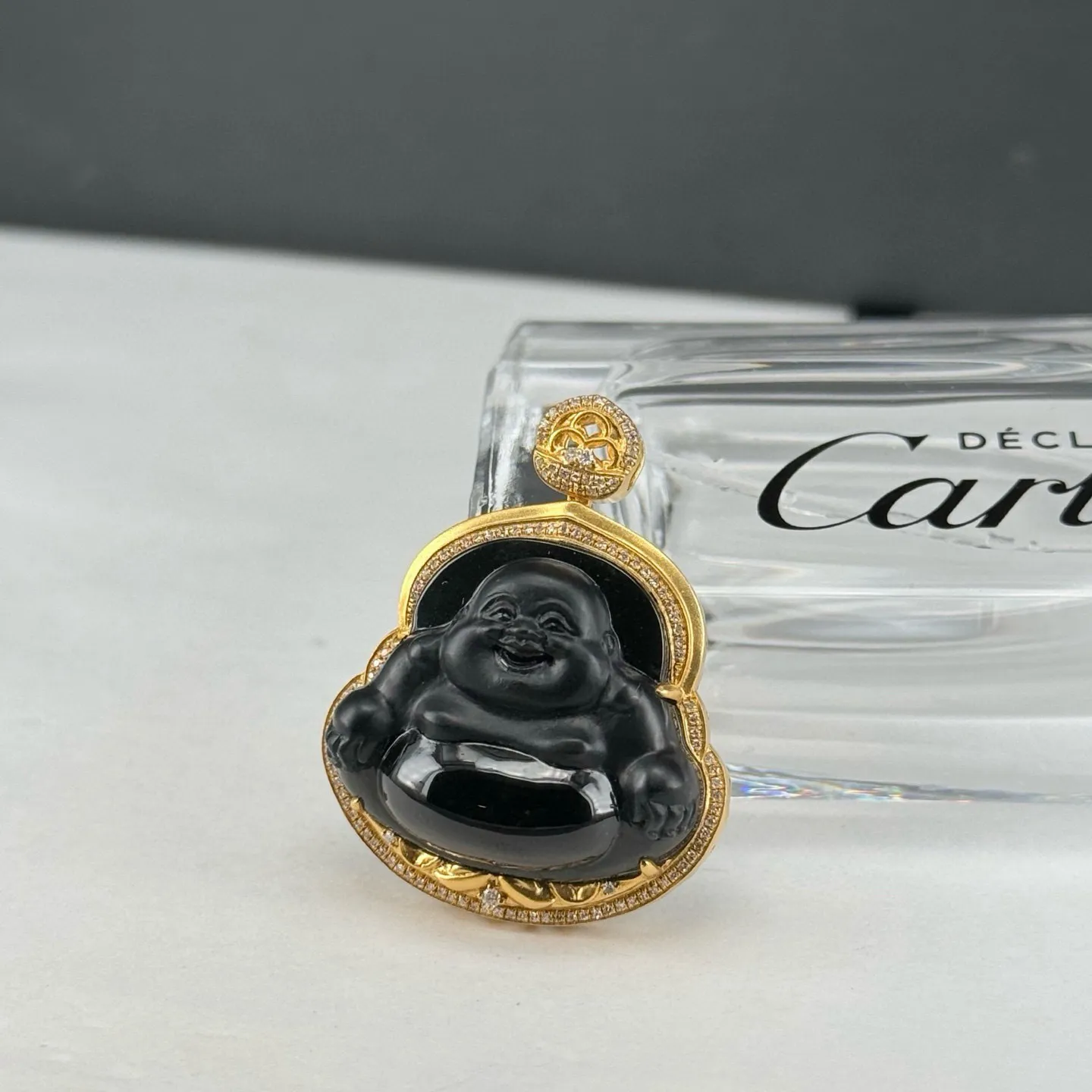 精品18k墨翠大肚佛 种好色正 黑度极好 打灯通透 油性十足  尺寸37.7