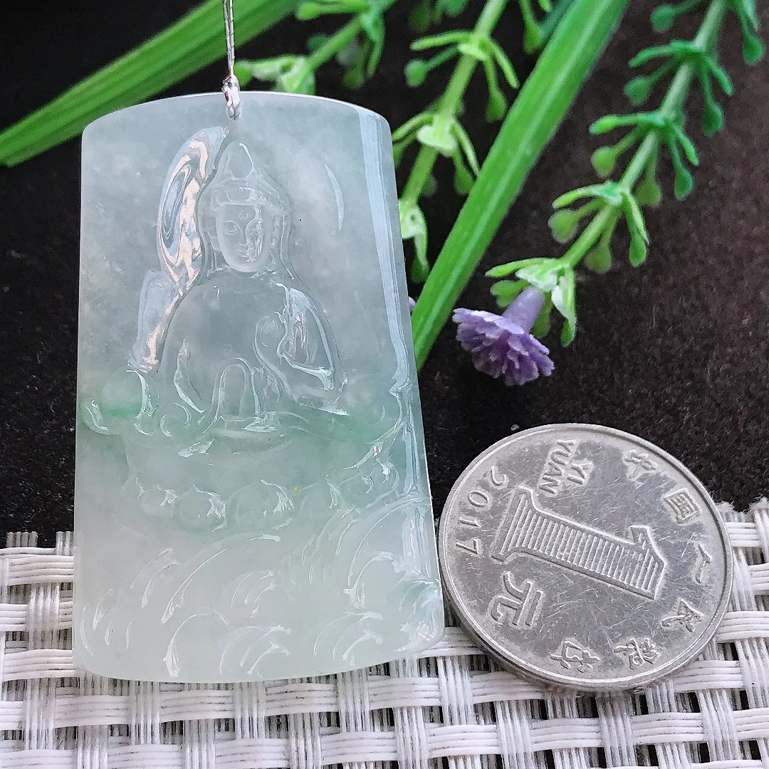 实拍A货翡翠47/29.5/5.5老坑冰胶果冻赐福观音吊坠翡翠挂件