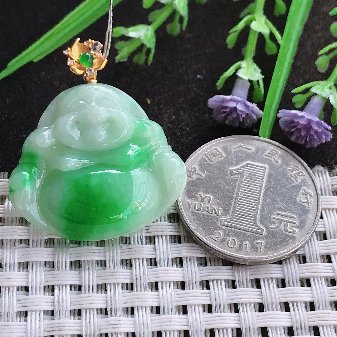 实拍A货翡翠26.2/29.3/5.5老坑18k金镶嵌飘阳绿佛公吊坠翡翠玉佛