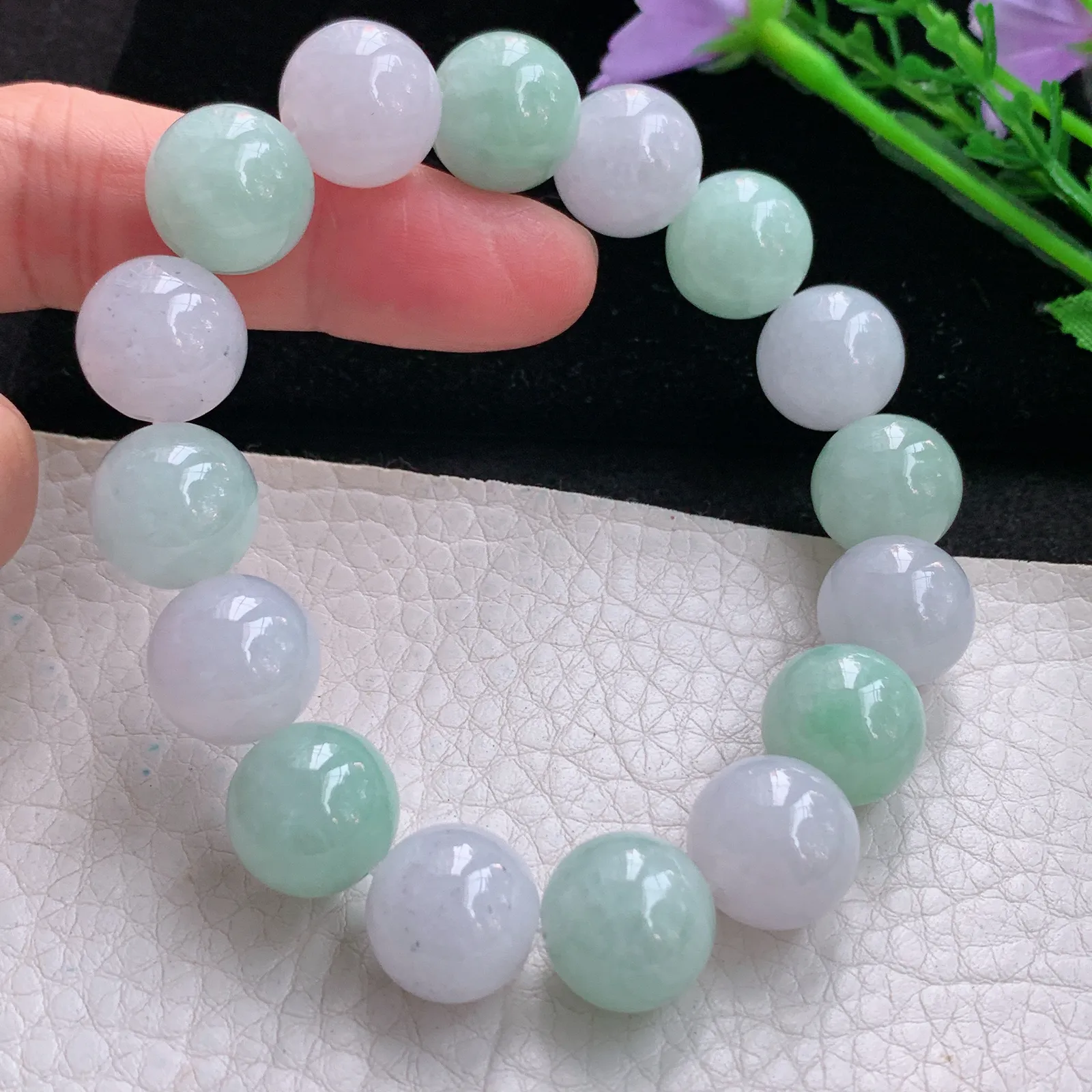 zen实拍 天然缅甸翡翠双彩水润13.5mm圆珠玉手链 玉手串