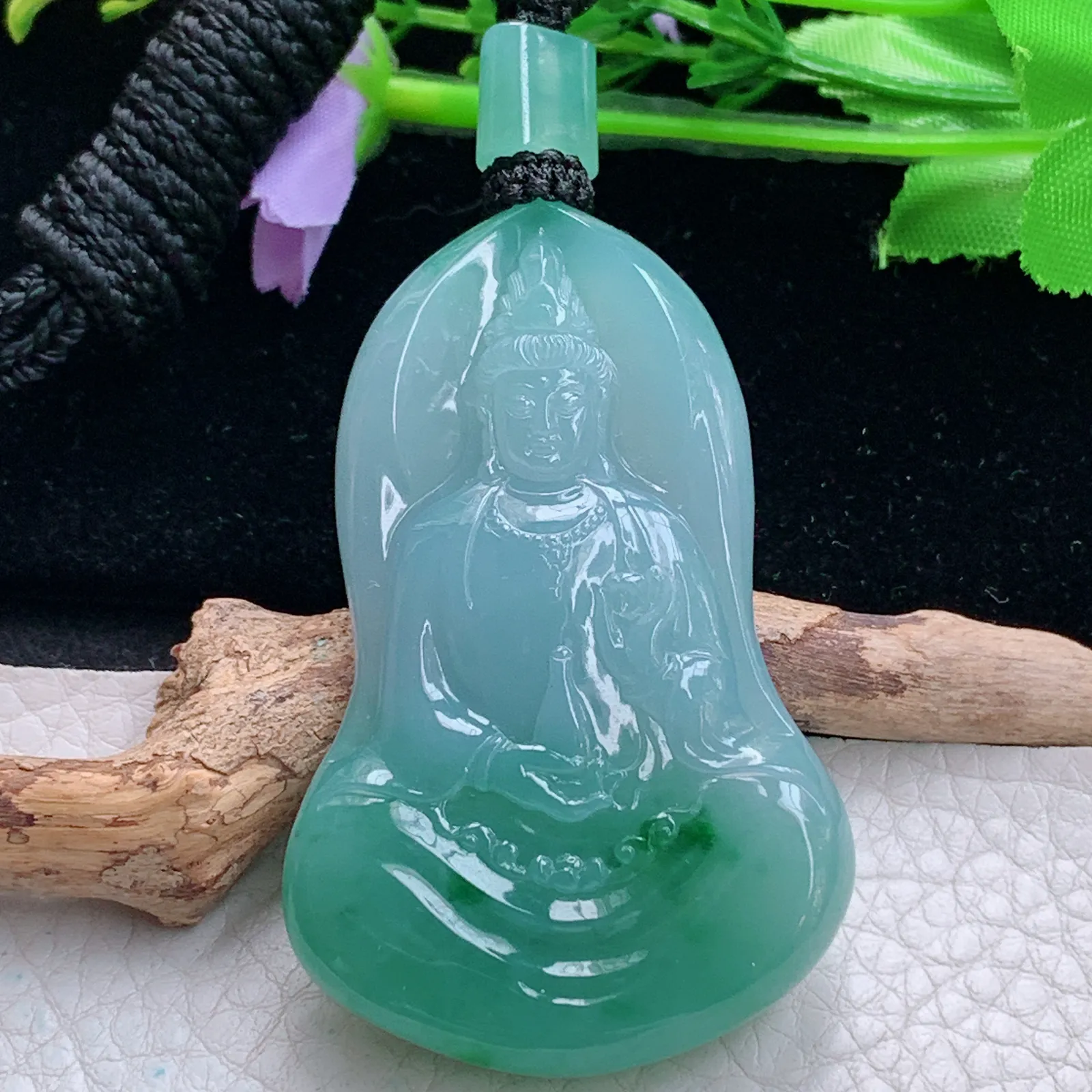 yl实拍62.5*40*9.6缅甸翡翠精雕冰胶双彩正庄观音 玉观音玉吊坠 玉挂件