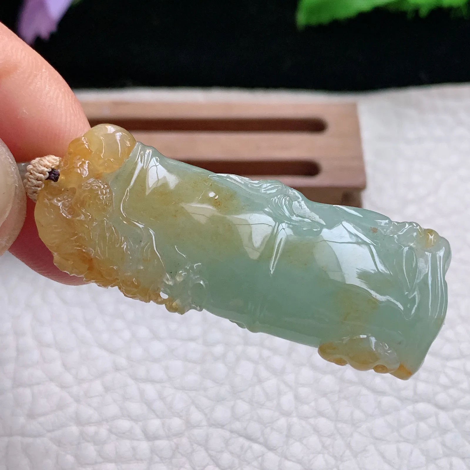 cys实拍47.8*18.3*8.2缅甸翡翠精雕冰双彩竹节 节节高玉吊坠