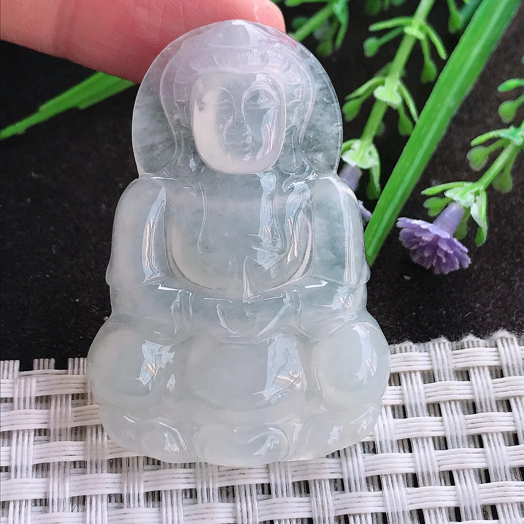 实拍A货翡翠49.7/34.3/5.8老坑冰透起胶白冰正装观音吊坠翡翠挂件