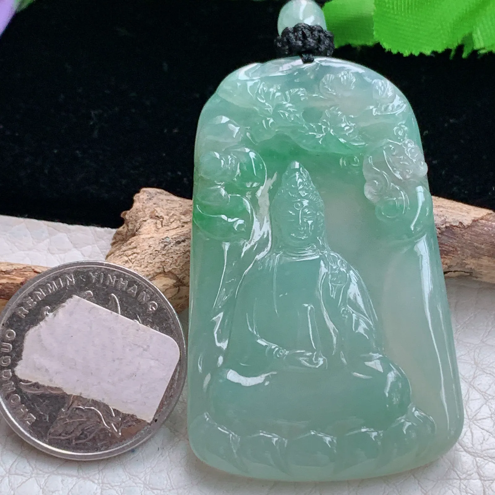 yl实拍55.5*34*5.8缅甸翡翠精雕冰胶飘绿山水观音 玉观音玉挂件 玉吊坠