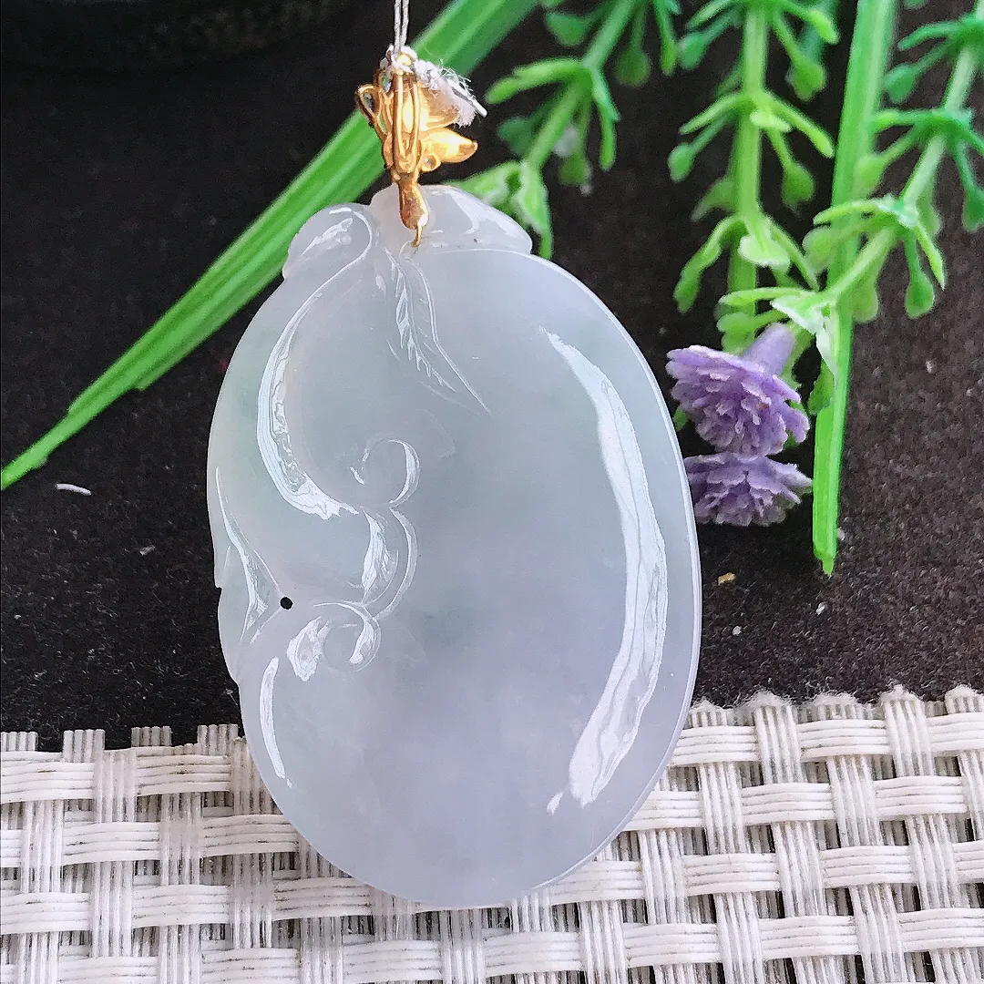 实拍A货翡翠43/29.2/5.9老坑18k金镶嵌冰胶紫罗兰如意冰胶吊坠翡翠玉如意