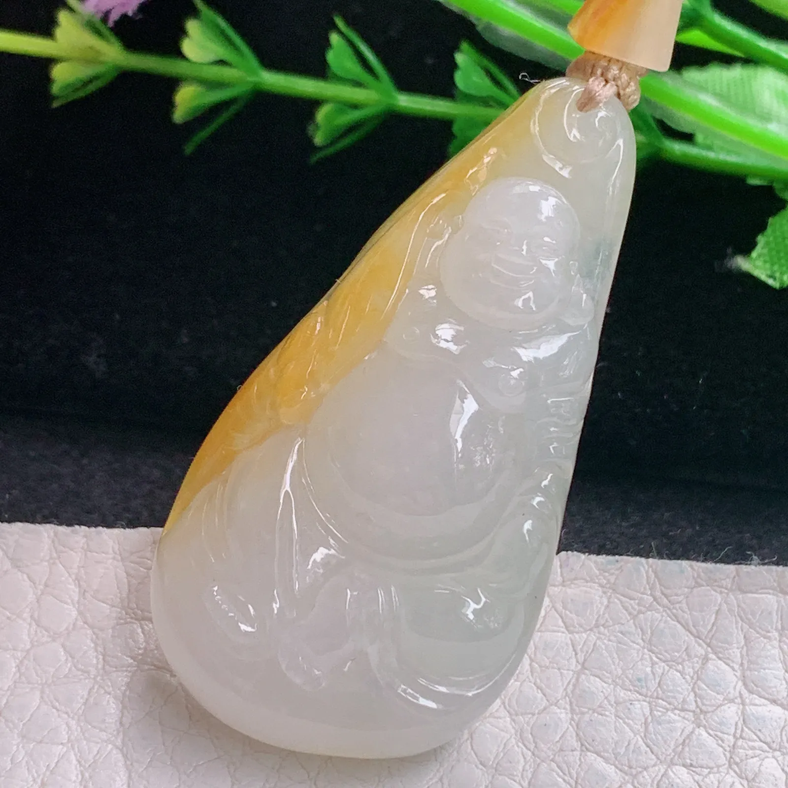 cys实拍48.6*26*9.2缅甸翡翠精雕冰胶双彩逍遥佛 开心佛玉吊坠