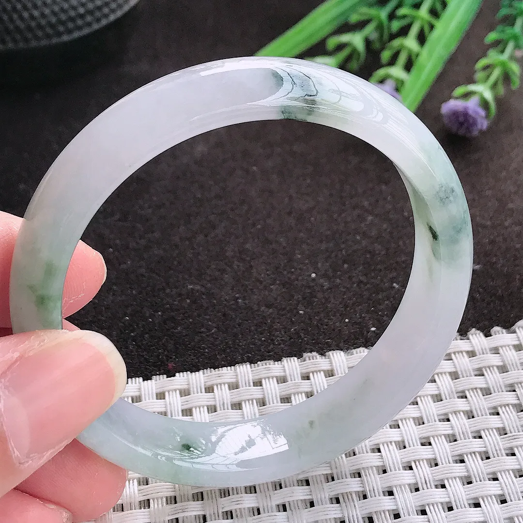 实拍A货翡翠54/12.6/6.8老坑冰胶水灵飘花手镯宽边翡翠玉镯女款