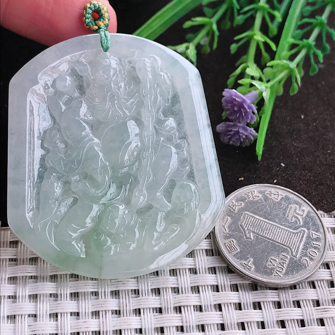 实拍A货翡翠52/45.3/5.2老坑冰胶水灵钟馗伏魔吊坠翡翠挂件