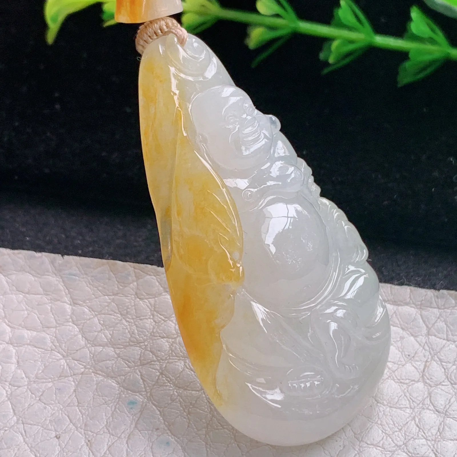 cys实拍48.6*26*9.2缅甸翡翠精雕冰胶双彩逍遥佛 开心佛玉吊坠