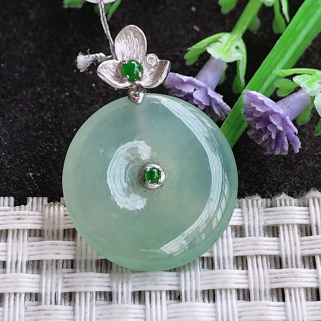 实拍A货翡翠21.4/4.5老坑18k金镶嵌冰种冰晴平安扣吊坠翡翠挂件