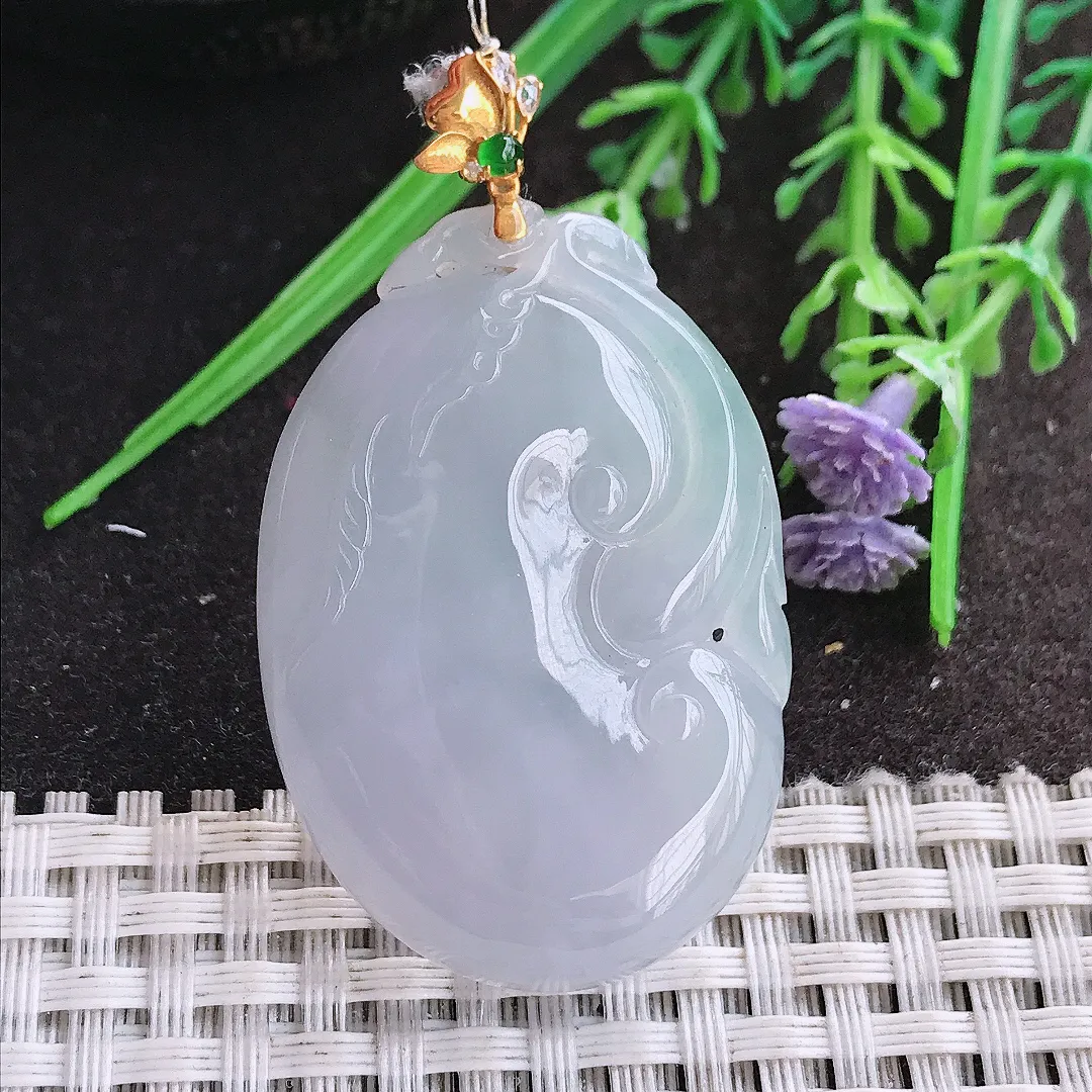 实拍A货翡翠43/29.2/5.9老坑18k金镶嵌冰胶紫罗兰如意冰胶吊坠翡翠玉如意