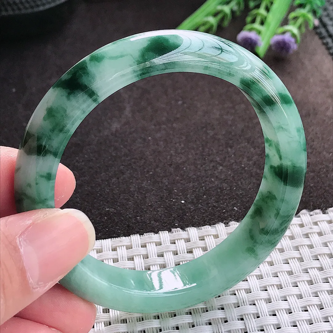 实拍A货翡翠55/12.3/8.2老坑冰润飘花手镯宽边翡翠玉镯女款