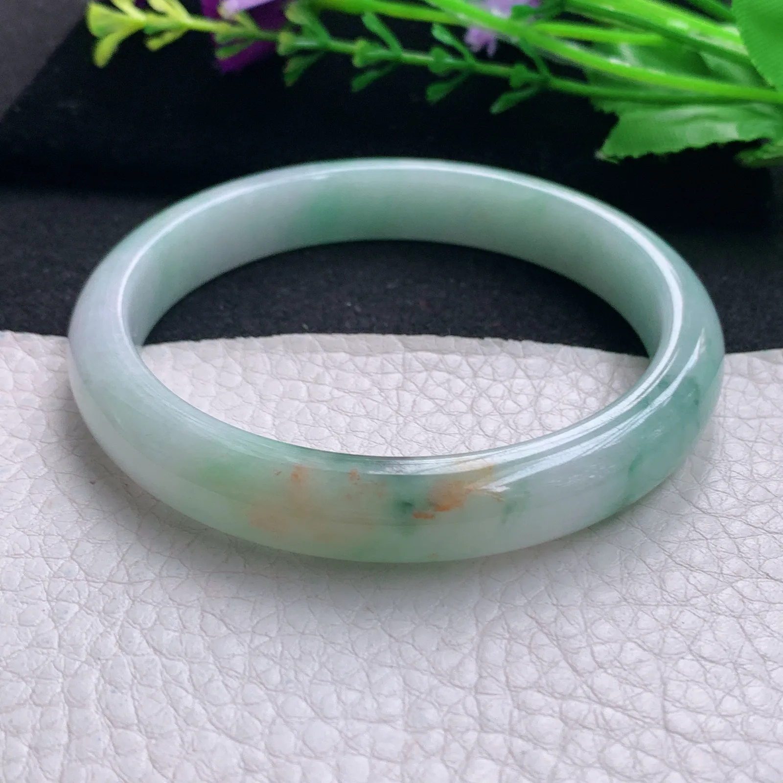 js大圈口61*11*7.3平安镯 天然缅甸翡翠三彩水润玉手镯 宽边玉手环