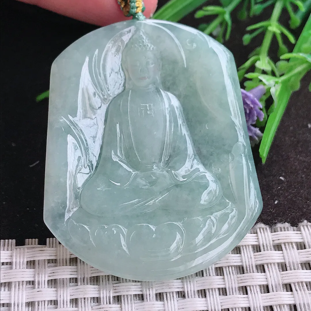 实拍A货翡翠51.3/43.7/4.8老坑冰胶水灵冰晴大日如来佛祖吊坠翡翠挂件
