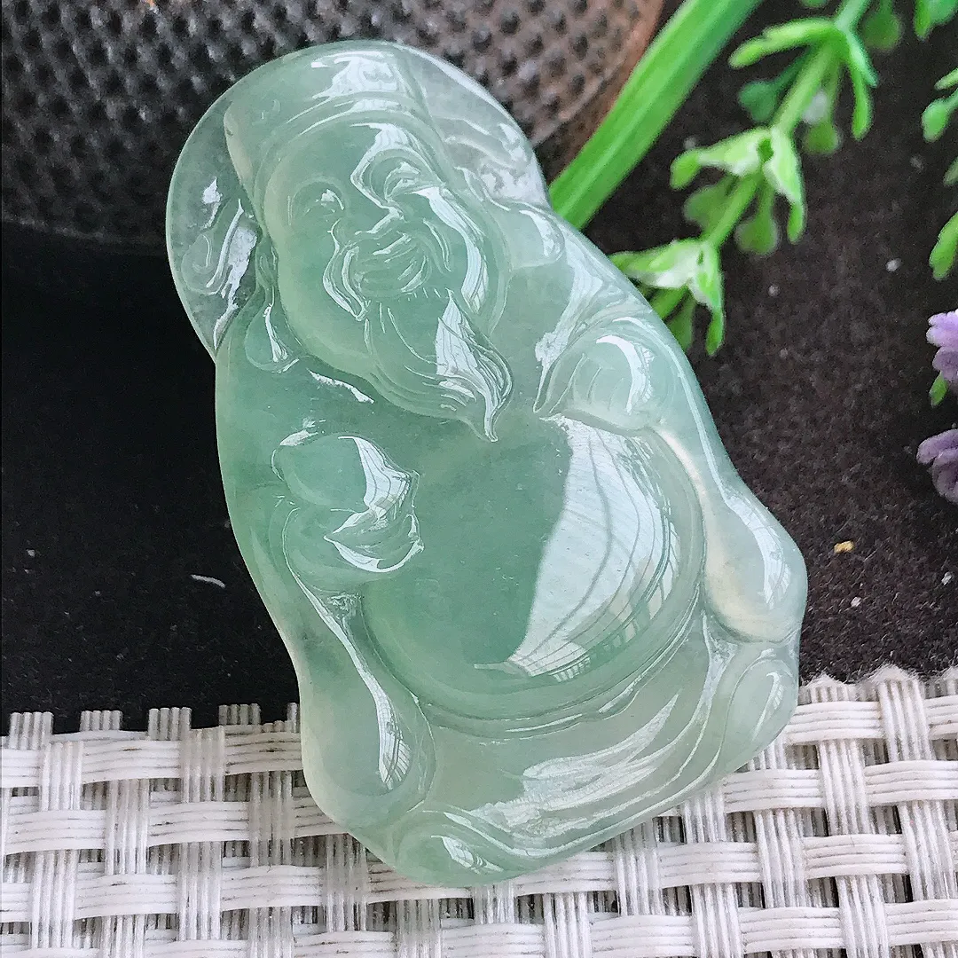 实拍A货翡翠48.5/31.5/5.6老坑冰胶水灵冰晴绿财神爷吊坠翡翠挂件