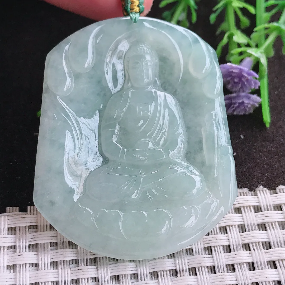 实拍A货翡翠51.2/43.8/4.9老坑冰润起胶冰晴如来佛祖吊坠翡翠挂件