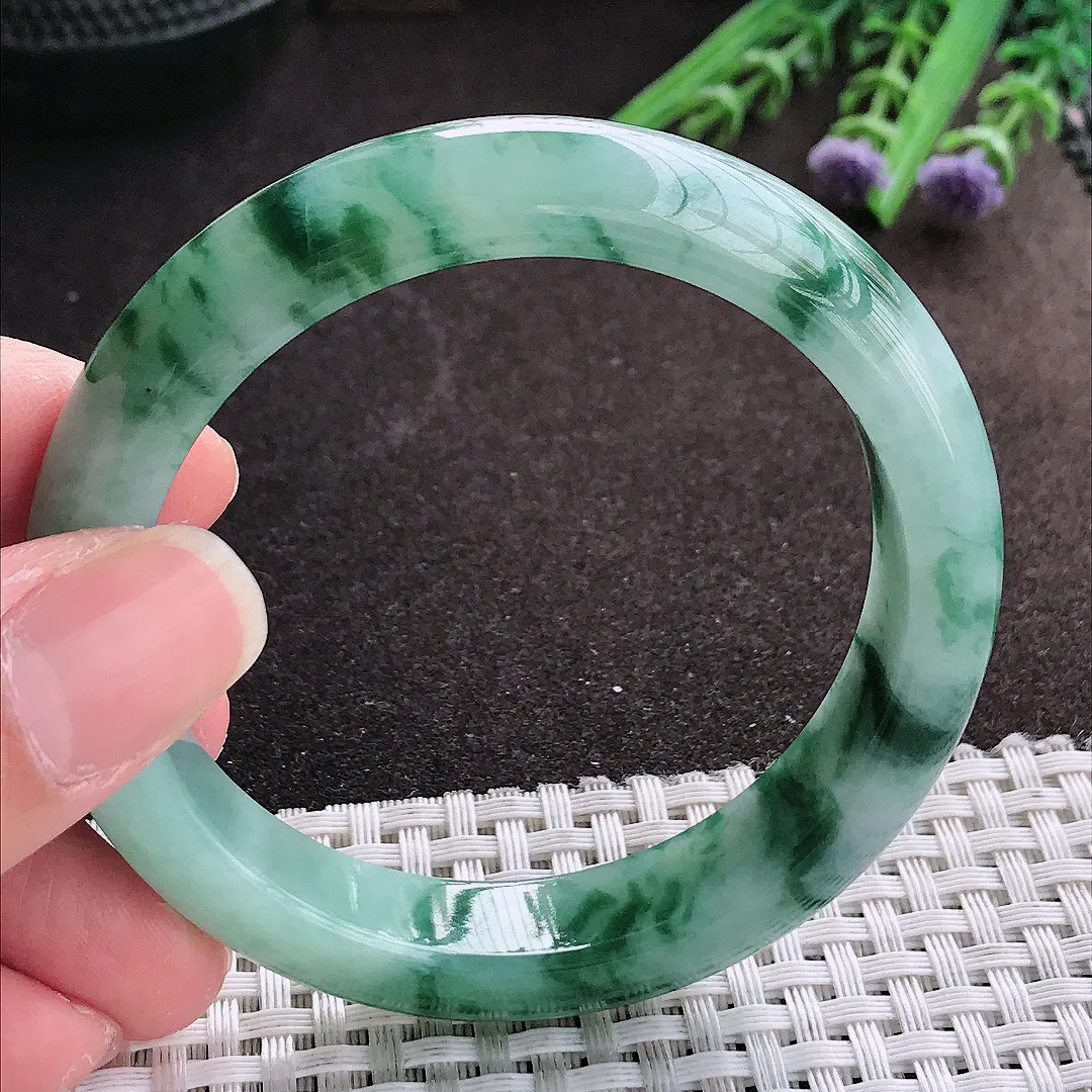 实拍A货翡翠55/12.3/8.2老坑冰润飘花手镯宽边翡翠玉镯女款