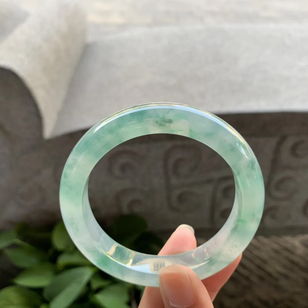 小圈口53.8-12-8.5 【冰种飘绿花正圈手镯】正圈53 54可戴