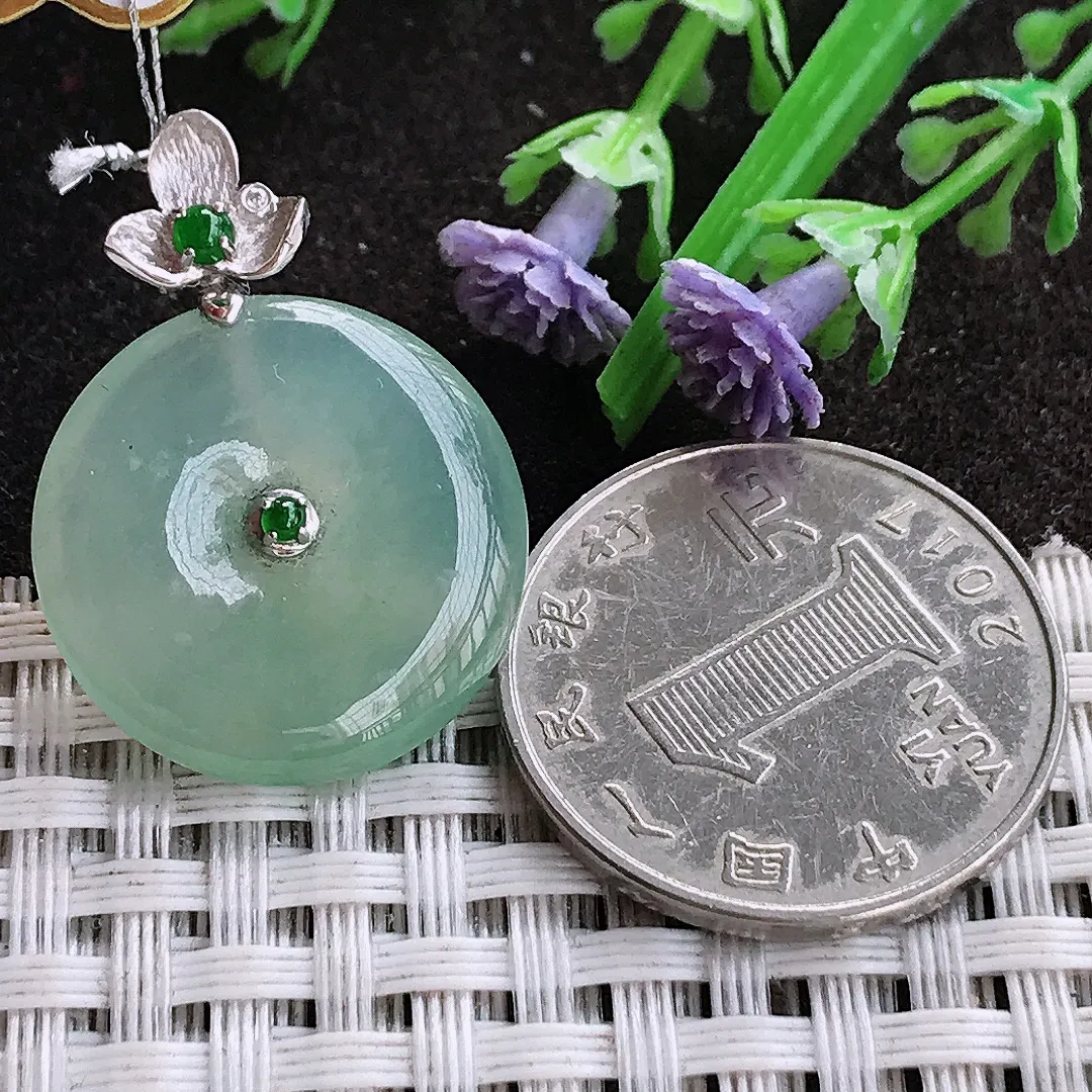 实拍A货翡翠21.4/4.5老坑18k金镶嵌冰种冰晴平安扣吊坠翡翠挂件