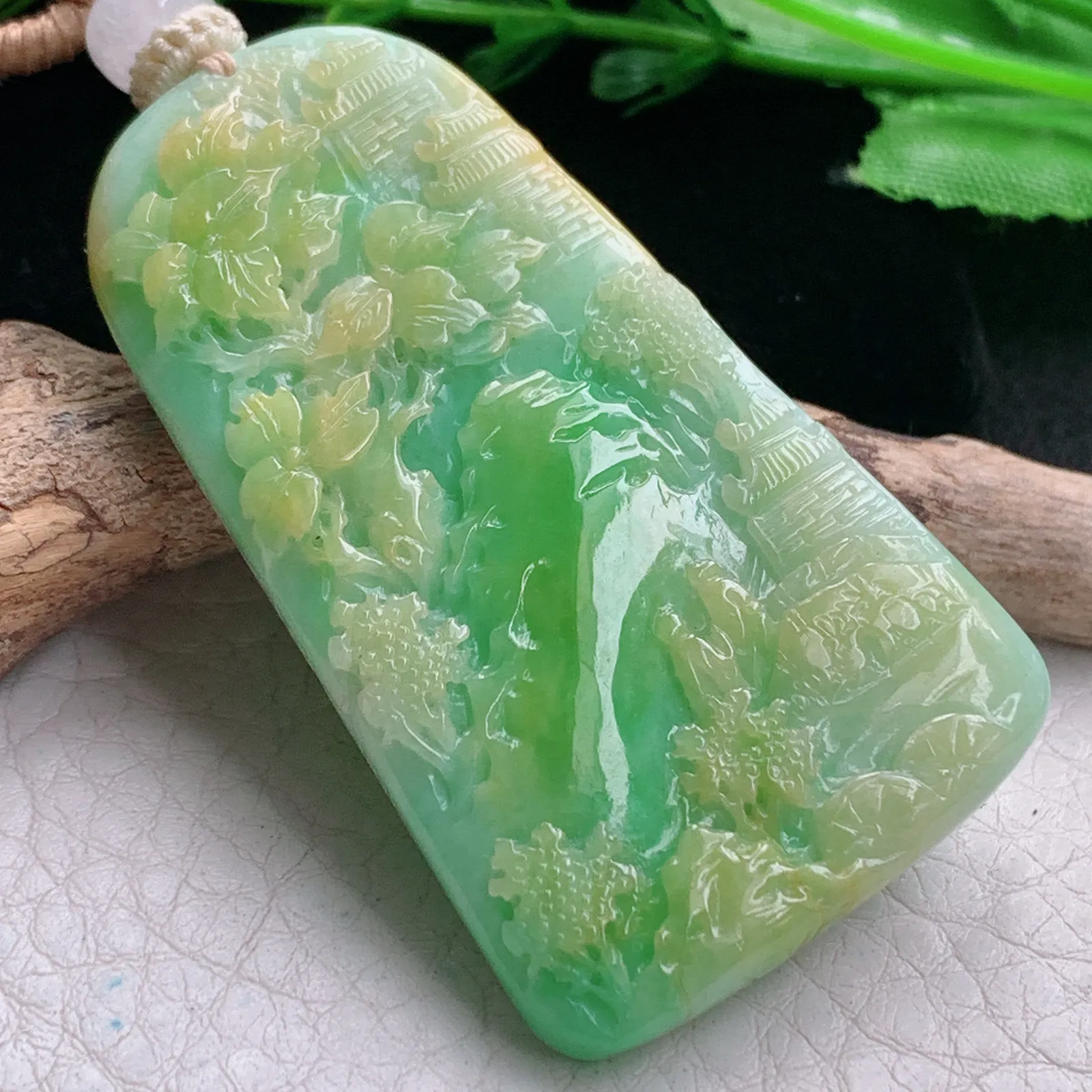 cys实拍56.5*33.5*6.5缅甸翡翠精雕三彩山水 富甲天下玉吊坠