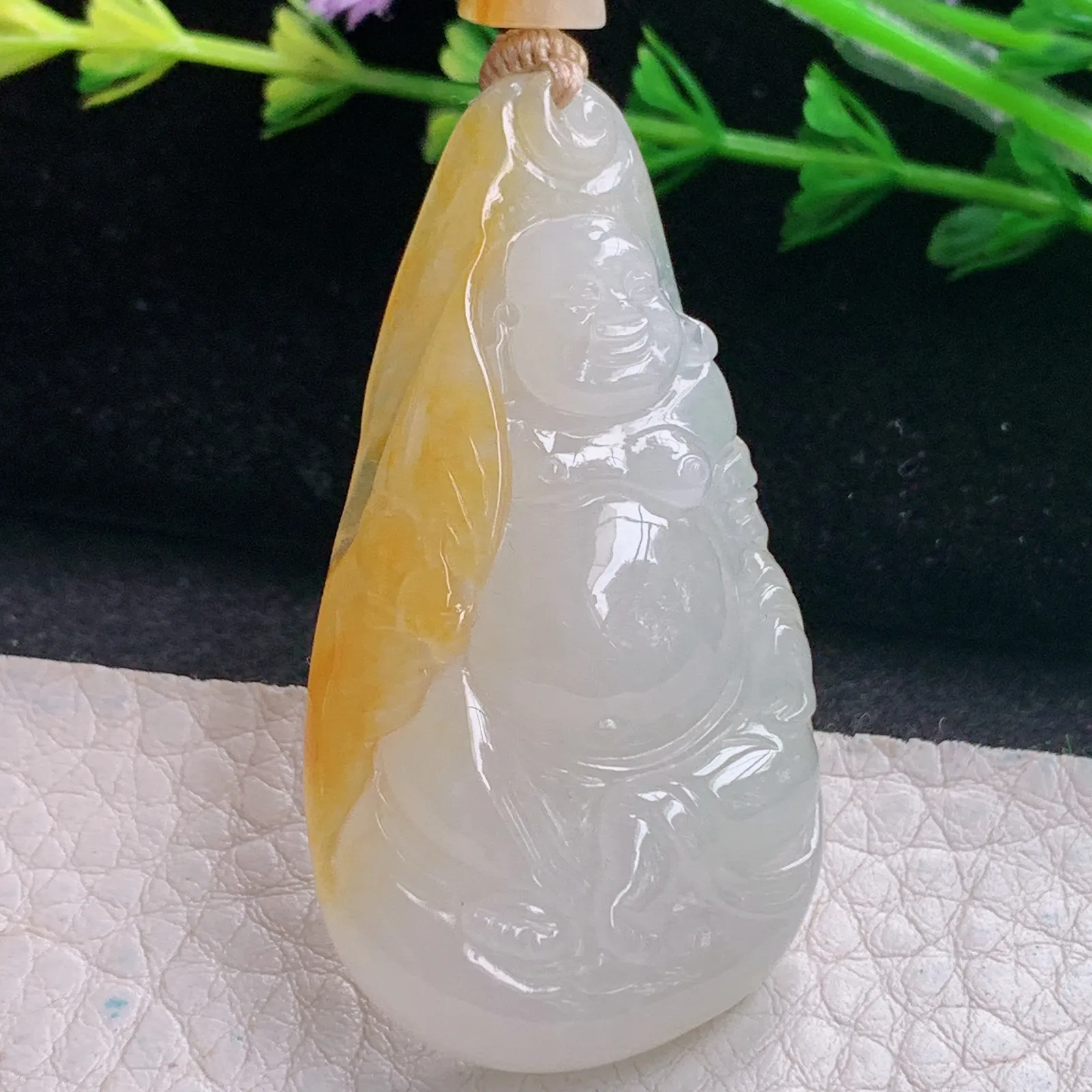 cys实拍48.6*26*9.2缅甸翡翠精雕冰胶双彩逍遥佛 开心佛玉吊坠