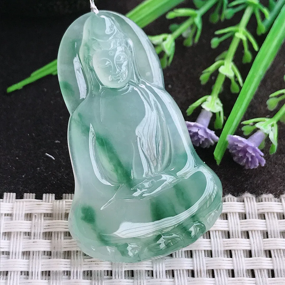 实拍A货翡翠51.5/33/5.8老坑冰种果冻胶冰飘花素衣观音吊坠翡翠玉观音挂件
