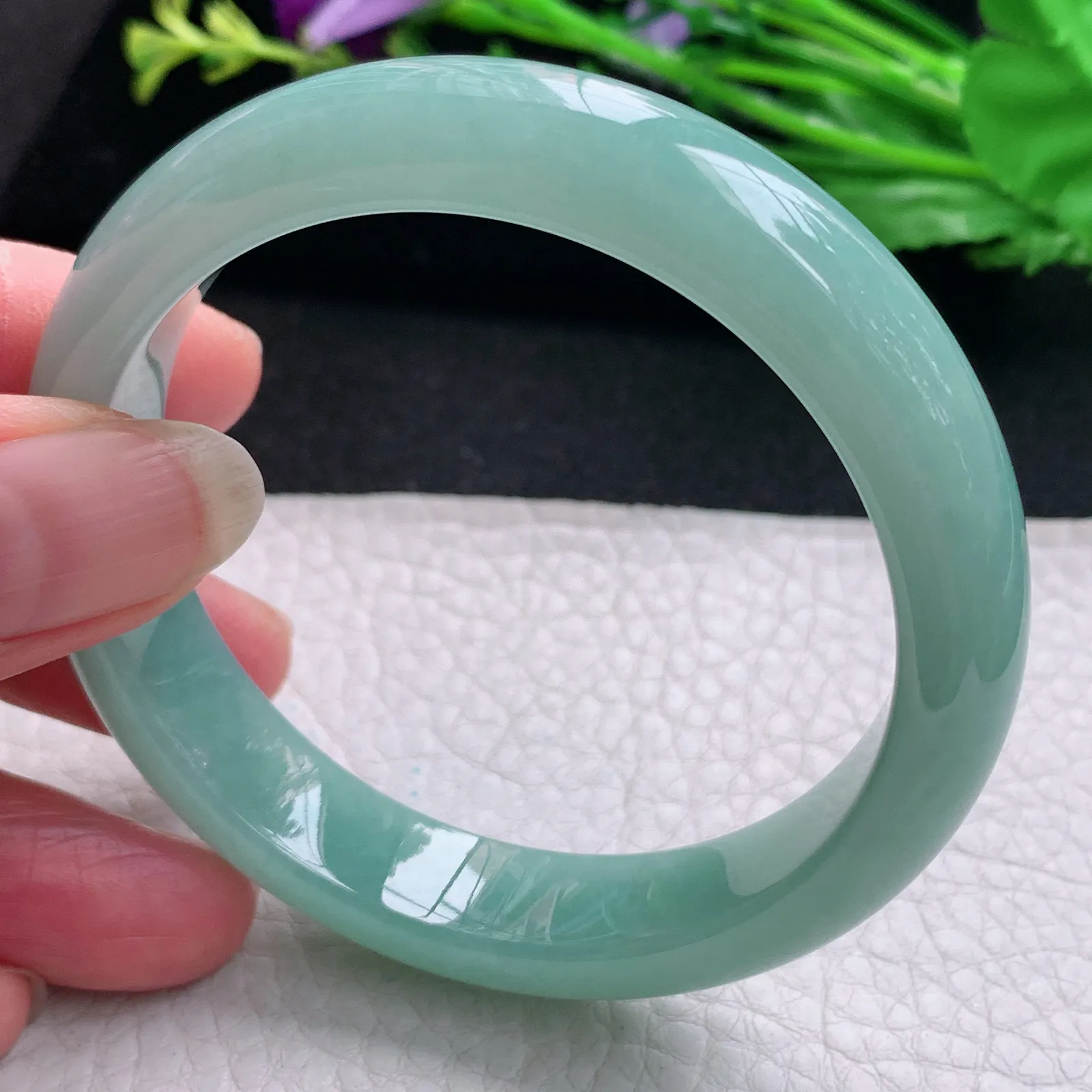 js实拍56*12.5*7.8平安镯 天然缅甸翡翠冰胶蓝韵水润玉手镯 宽边玉手环