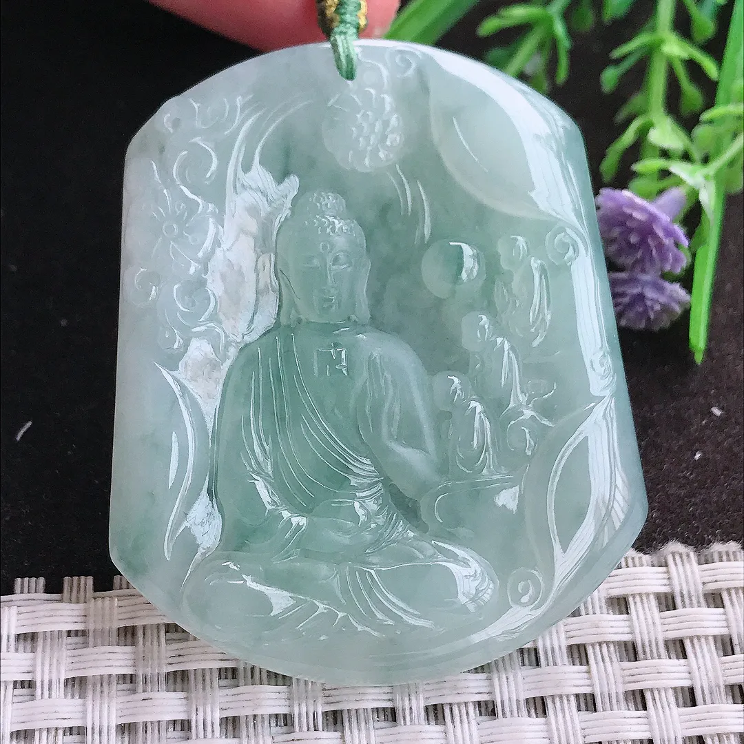 实拍A货翡翠53.5/44.8/5.5老坑冰胶果冻冰晴万佛朝宗阿弥陀佛吊坠翡翠挂件