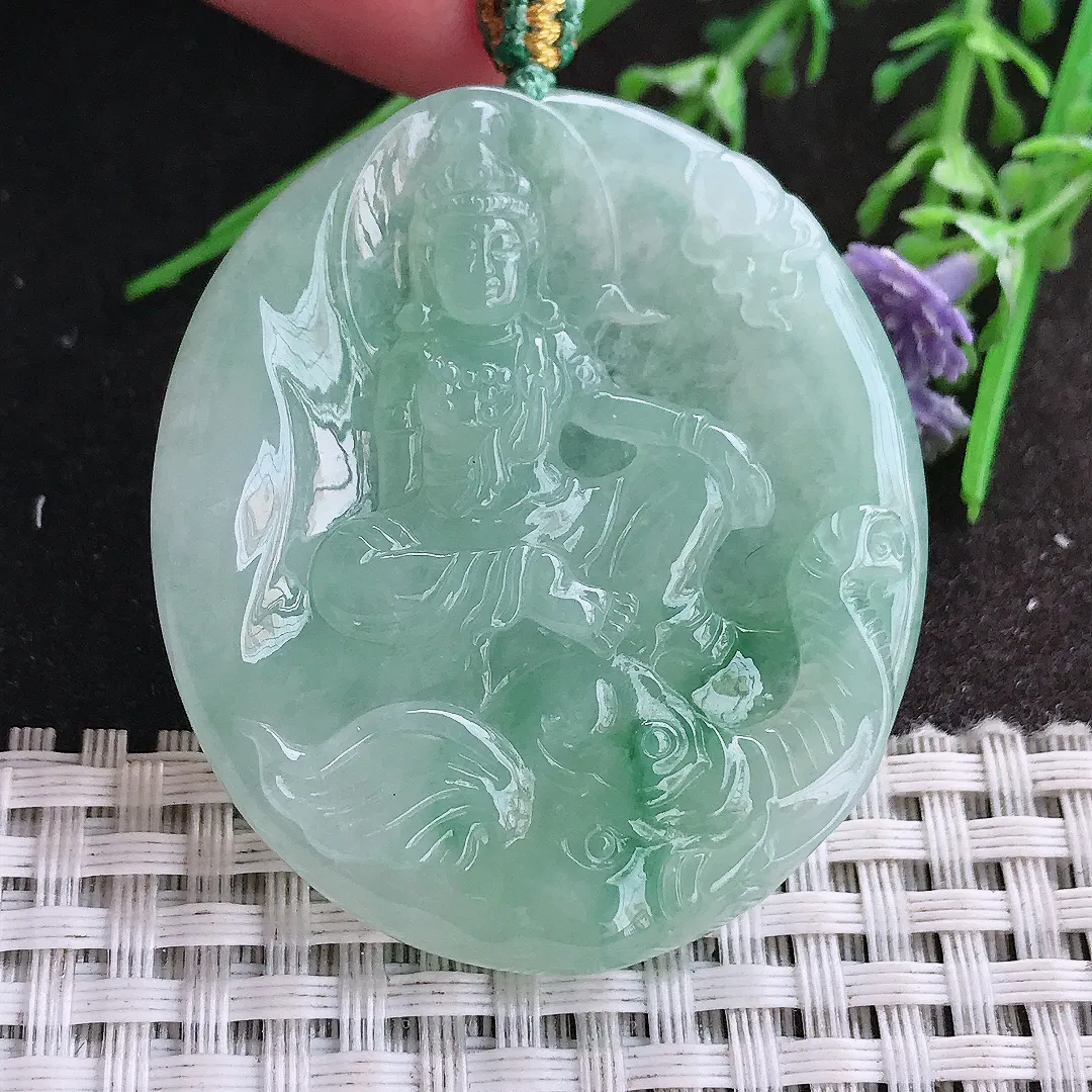 实拍A货翡翠48/42.3/6老坑冰胶水灵冰晴甜绿普贤菩萨吊坠翡翠挂件