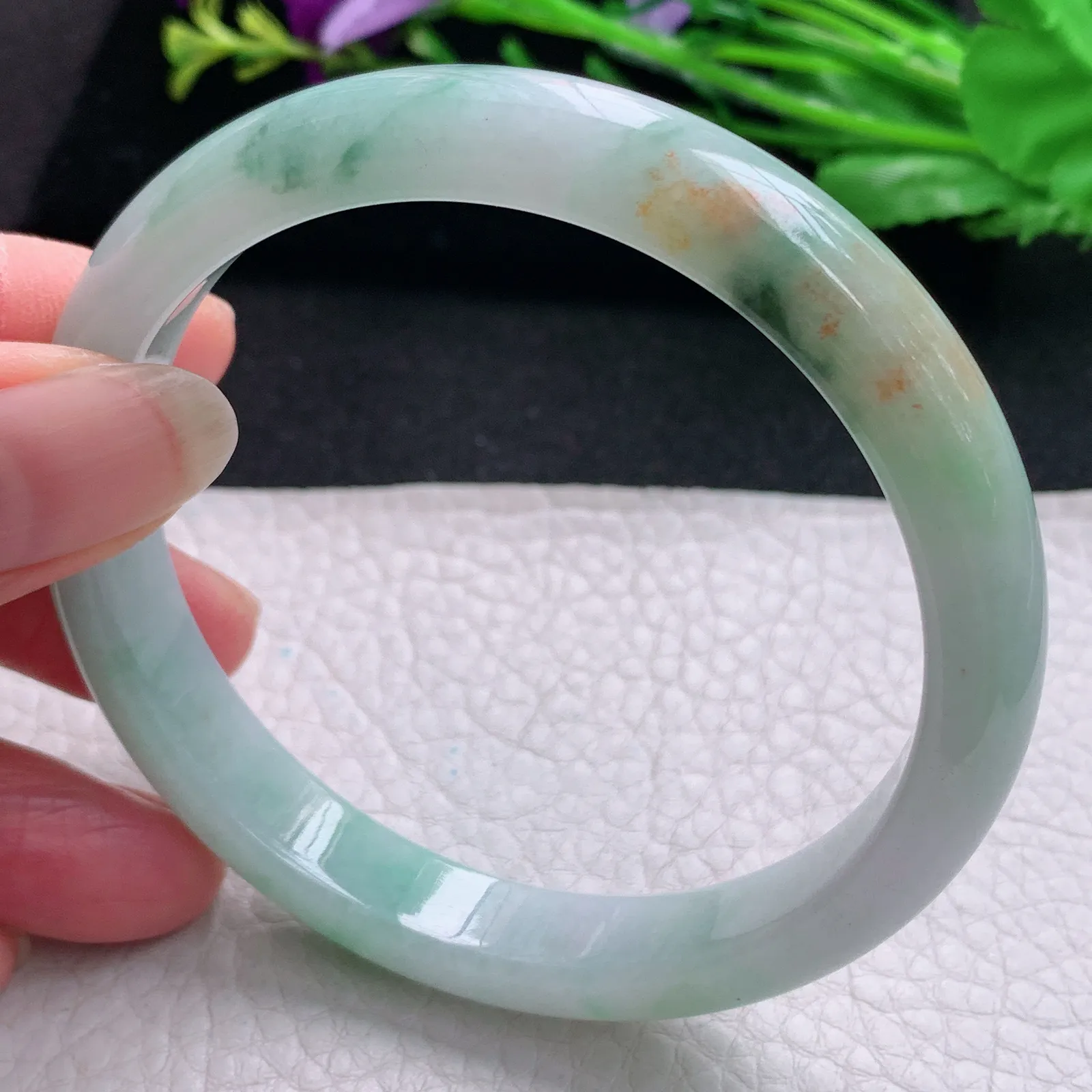js大圈口61*11*7.3平安镯 天然缅甸翡翠三彩水润玉手镯 宽边玉手环