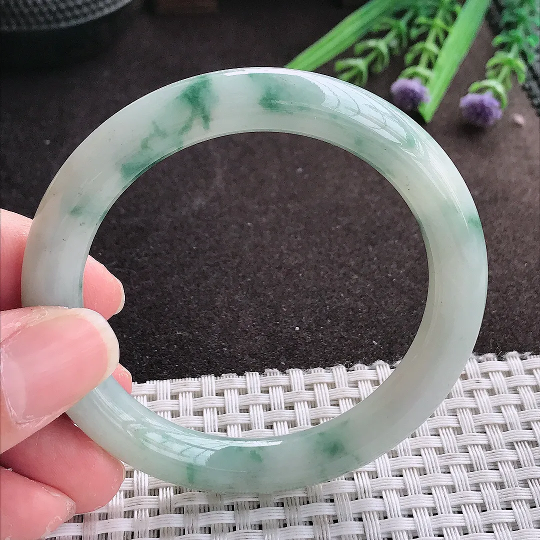 实拍A货翡翠53.8/9.3/9.1老坑冰润飘花圆条手镯翡翠玉镯女款