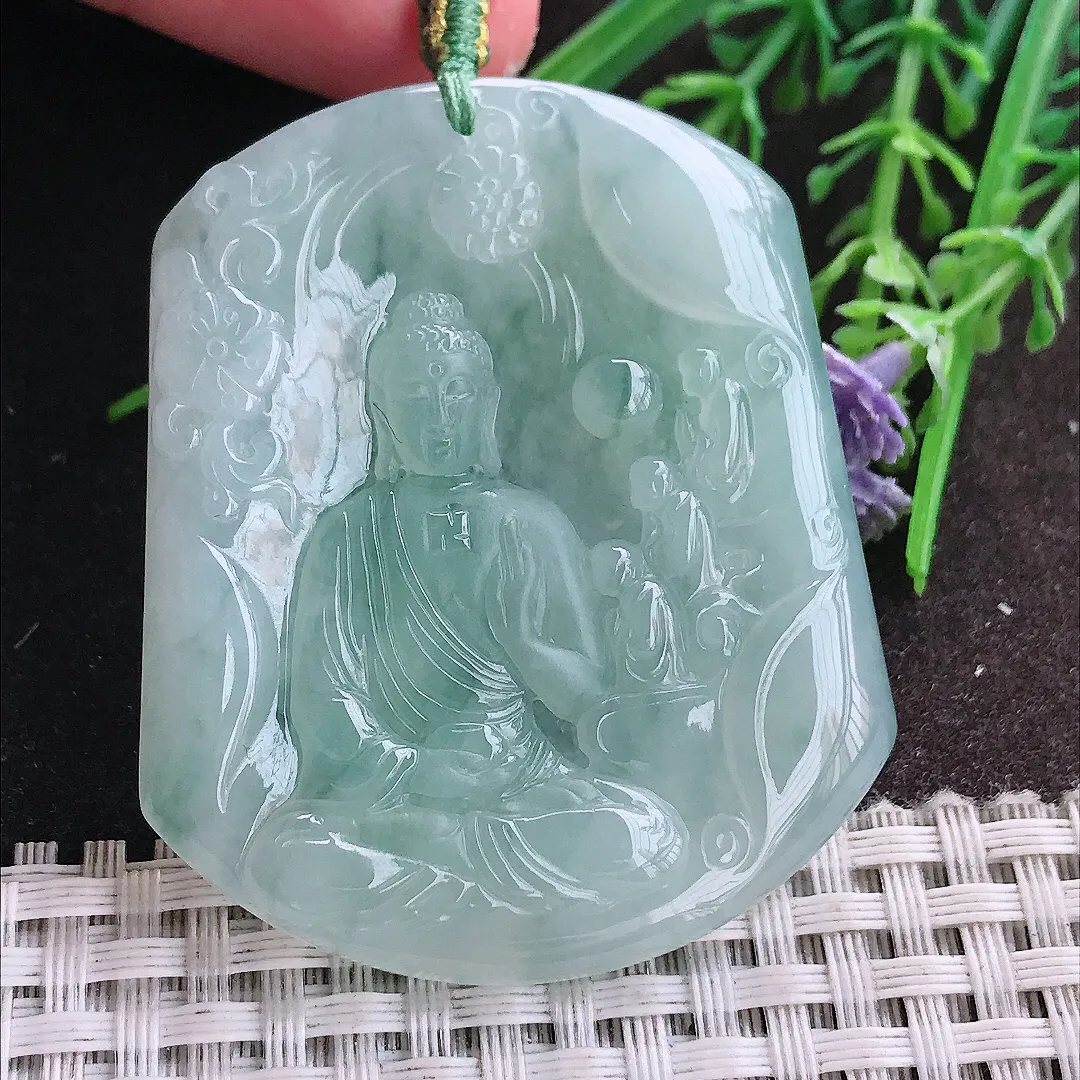 实拍A货翡翠53.5/44.8/5.5老坑冰胶果冻冰晴万佛朝宗阿弥陀佛吊坠翡翠挂件
