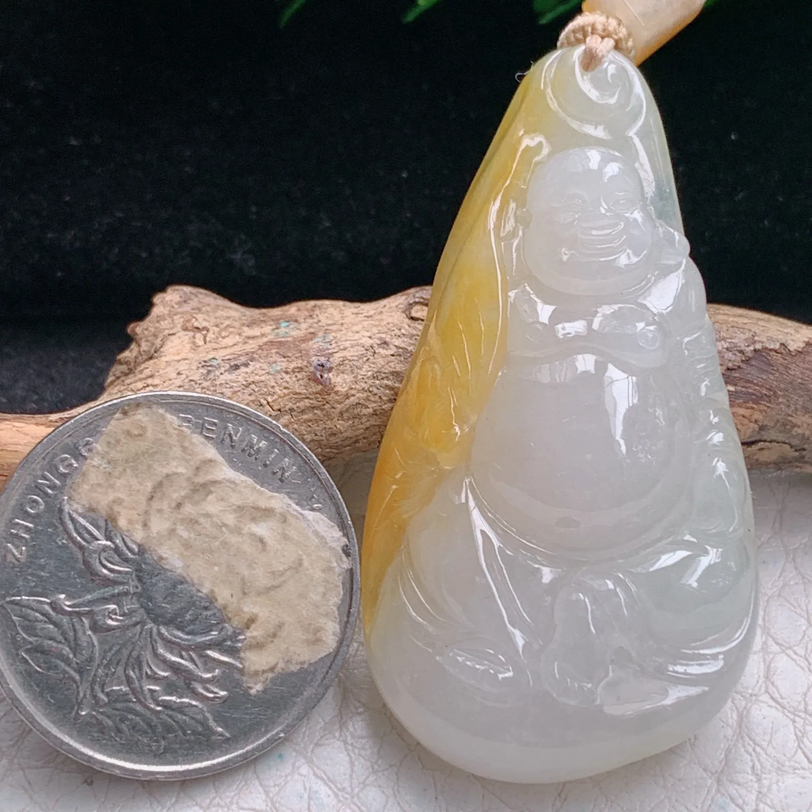 cys实拍48.6*26*9.2缅甸翡翠精雕冰胶双彩逍遥佛 开心佛玉吊坠