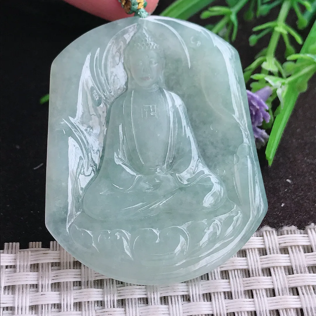 实拍A货翡翠51.3/43.7/4.8老坑冰胶水灵冰晴大日如来佛祖吊坠翡翠挂件