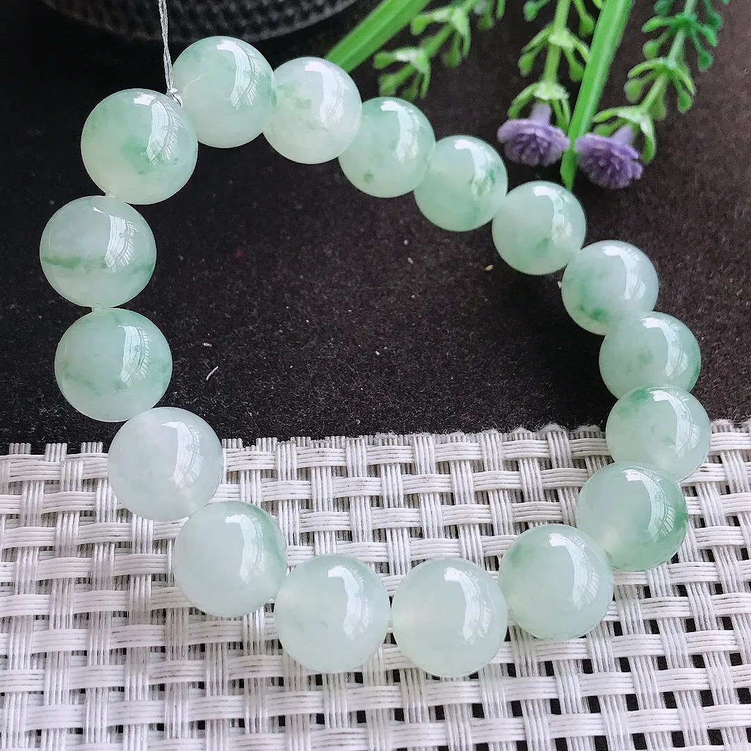 实拍A货翡翠12.1/17颗老坑冰胶果冻冰飘花圆珠手链玉珠手串男款女款