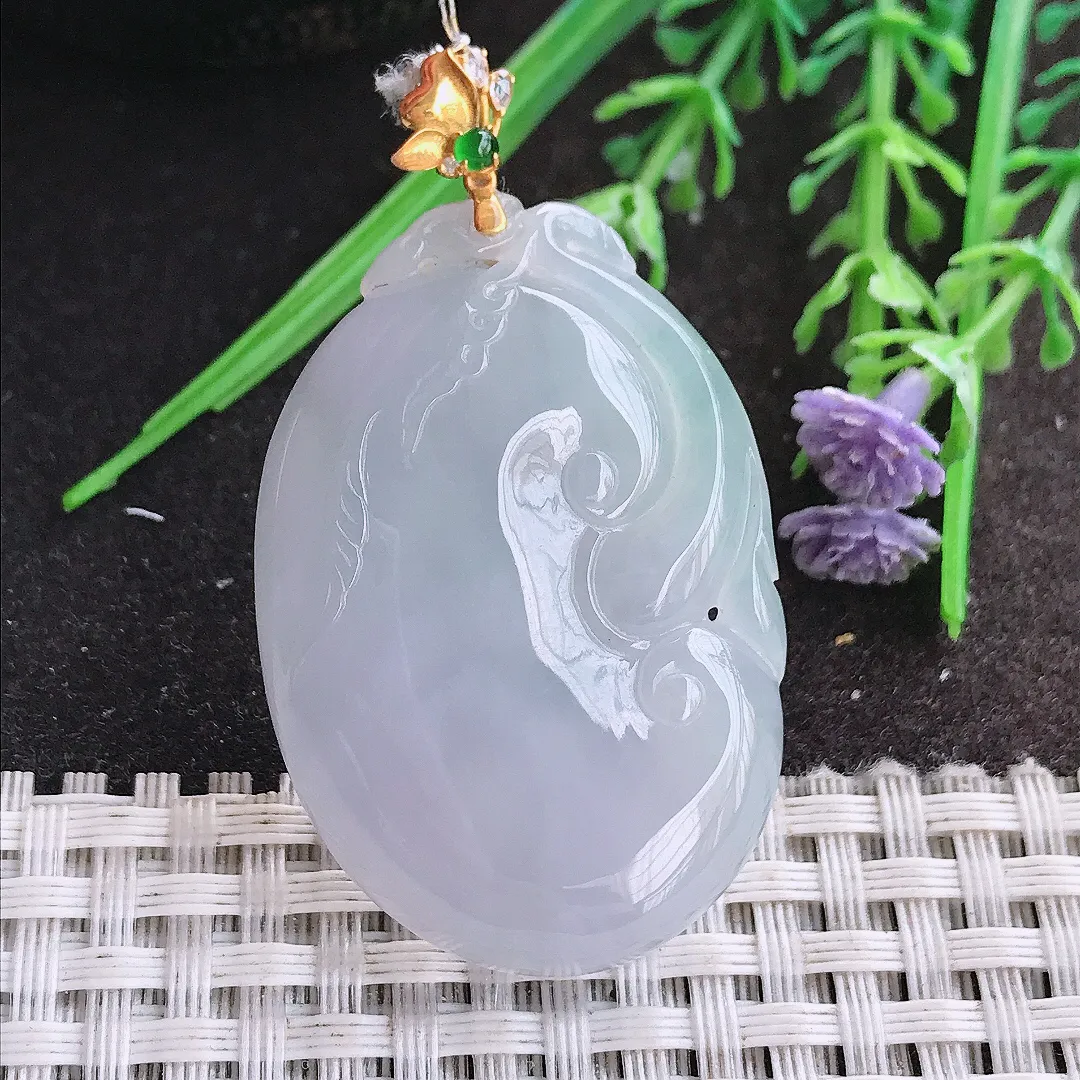 实拍A货翡翠43/29.2/5.9老坑18k金镶嵌冰胶紫罗兰如意冰胶吊坠翡翠玉如意