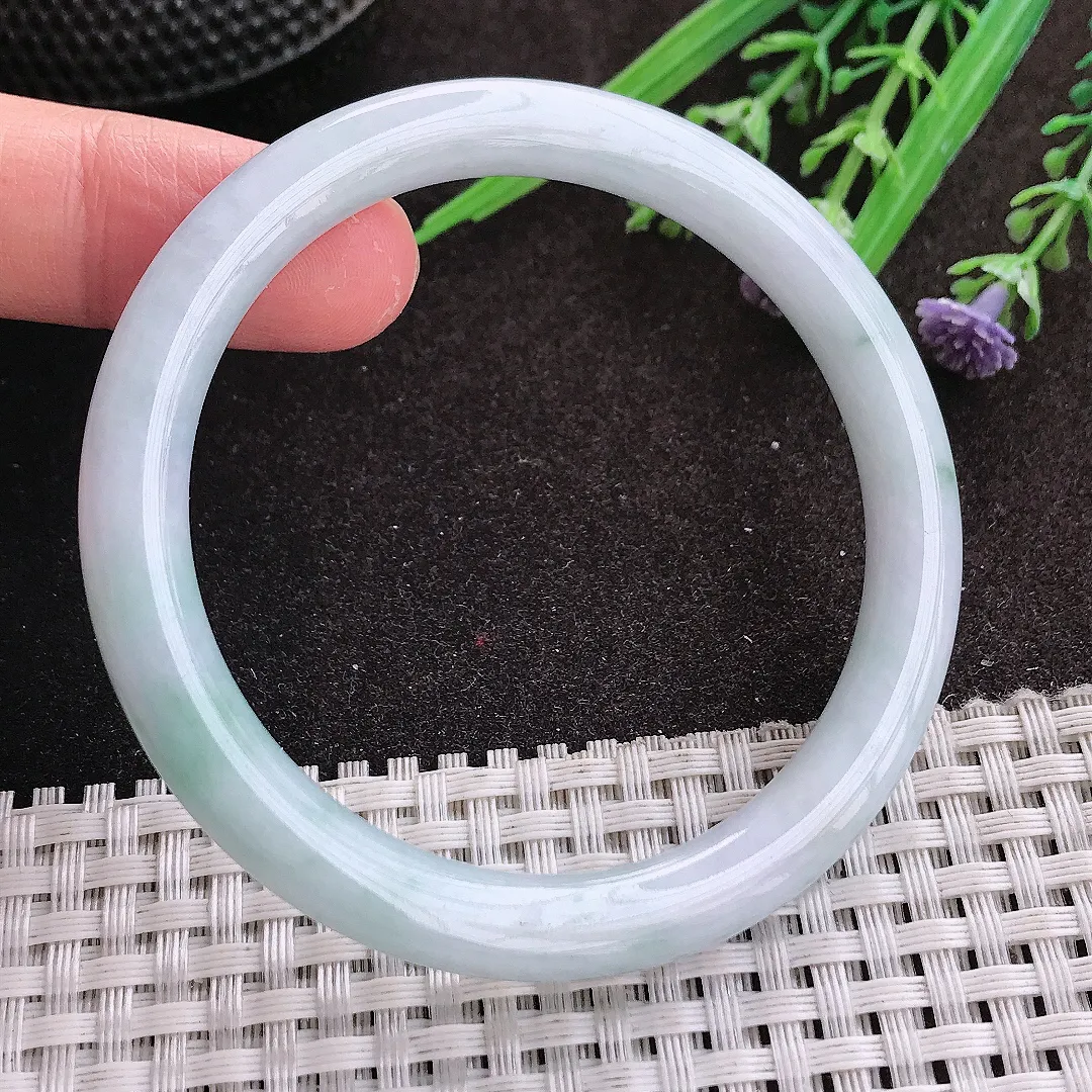 实拍A货翡翠54/6.8/7.7老坑秀气温润飘花圆条手镯细条翡翠玉镯女款