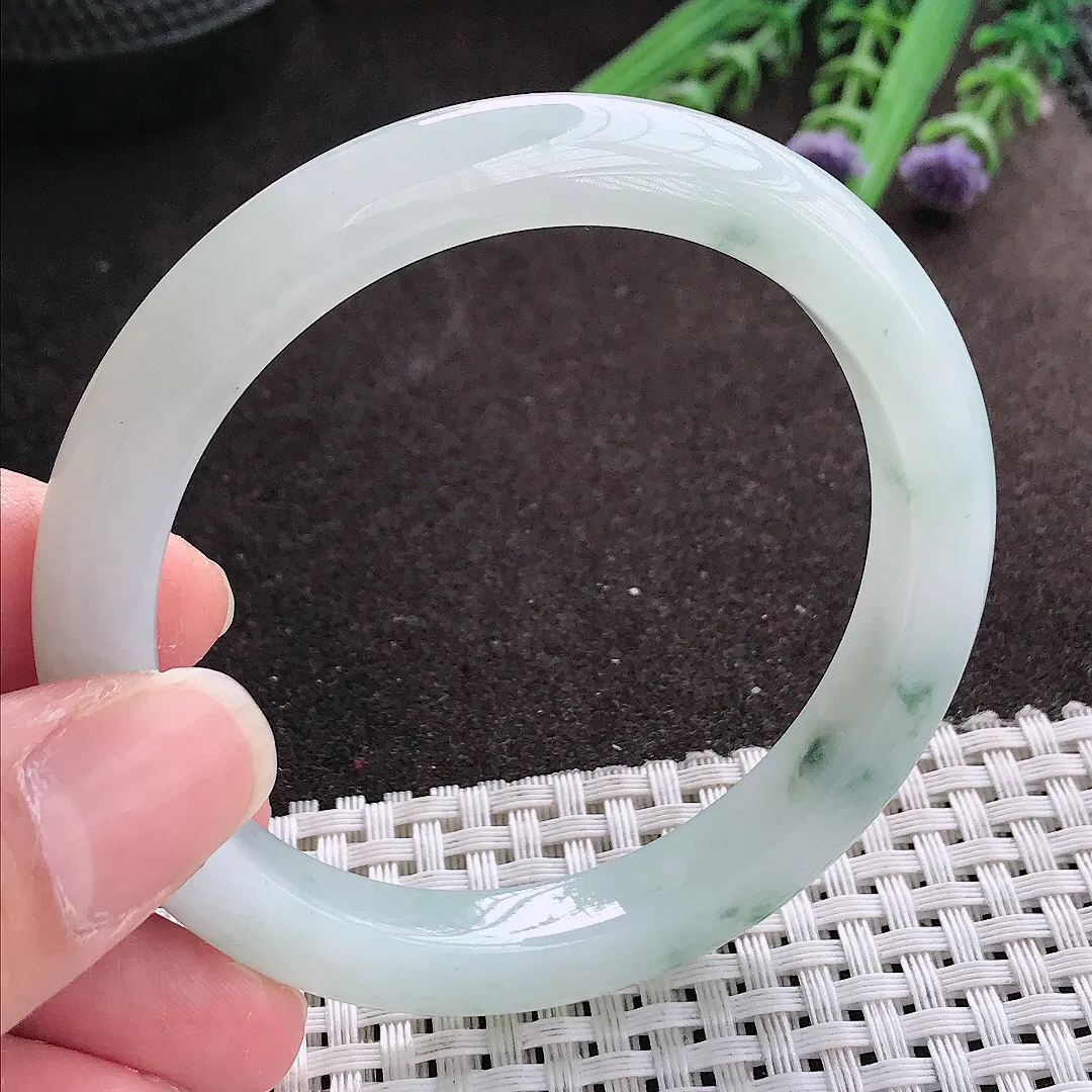 实拍A货翡翠55.5/8.9/8.1老坑冰胶水灵飘花手镯宽边翡翠玉镯女款