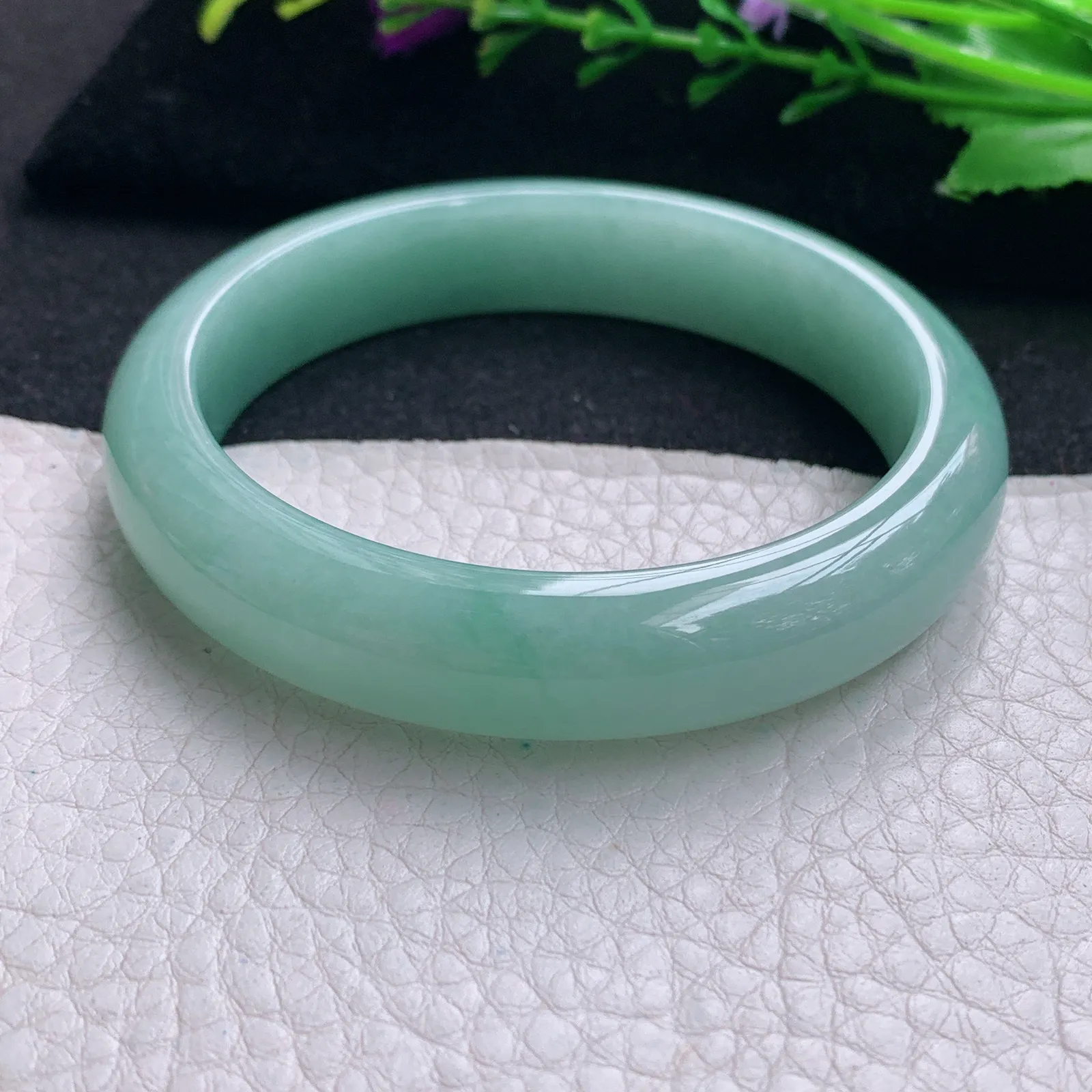 js实拍56*12.5*7.8平安镯 天然缅甸翡翠冰胶蓝韵水润玉手镯 宽边玉手环