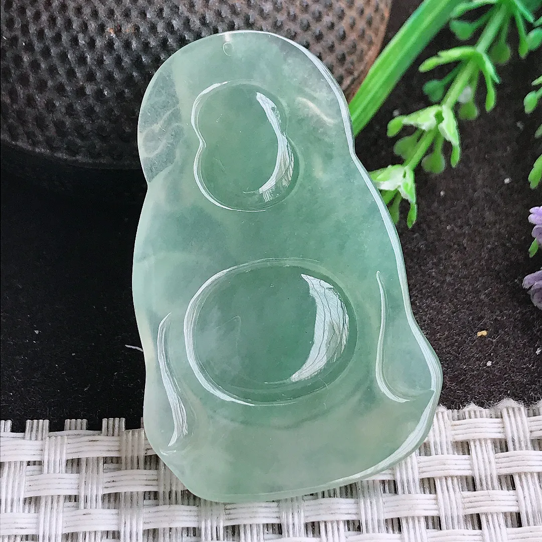 实拍A货翡翠48.5/31.5/5.6老坑冰胶水灵冰晴绿财神爷吊坠翡翠挂件