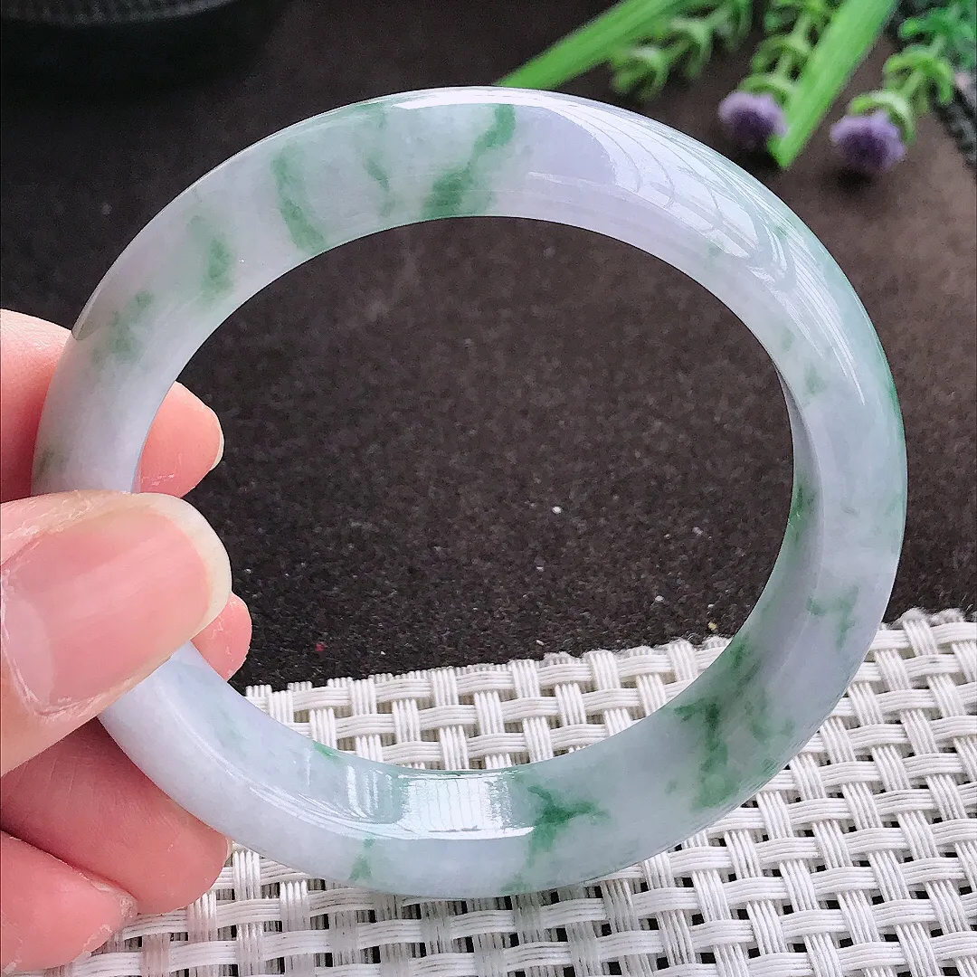 实拍A货翡翠56/13.2/8.5老坑冰胶水灵紫罗兰飘花手镯宽边翡翠玉镯女款