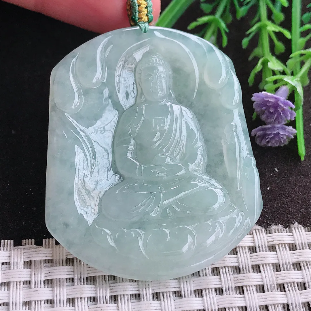 实拍A货翡翠51.2/43.8/4.9老坑冰润起胶冰晴如来佛祖吊坠翡翠挂件
