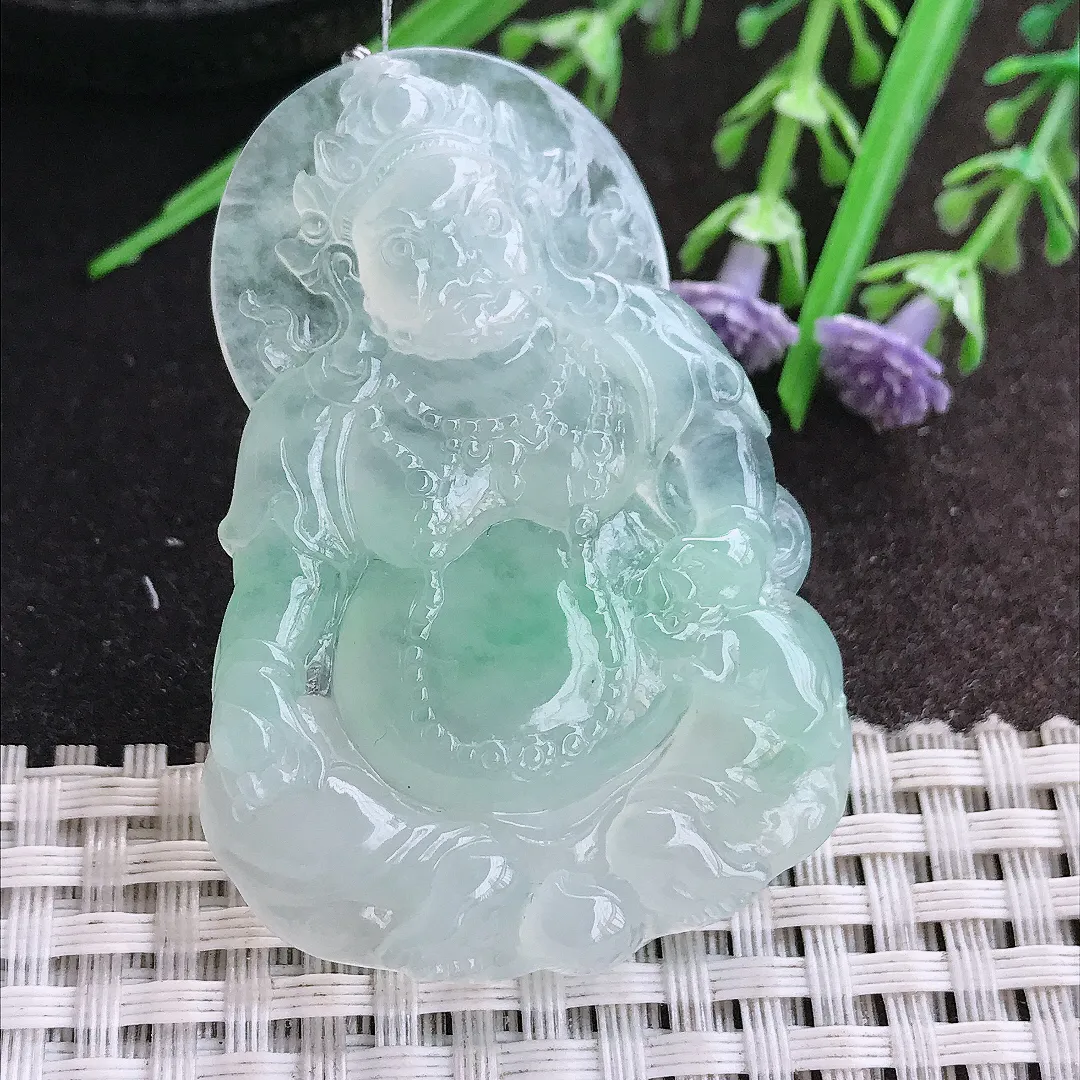 实拍A货翡翠62.8/37.8/7.2老坑冰胶果冻冰晴飘绿黄财神吊坠翡翠挂件