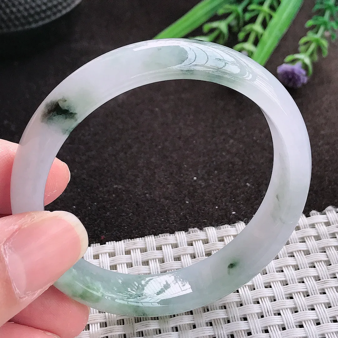 实拍A货翡翠54/12.6/6.8老坑冰胶水灵飘花手镯宽边翡翠玉镯女款