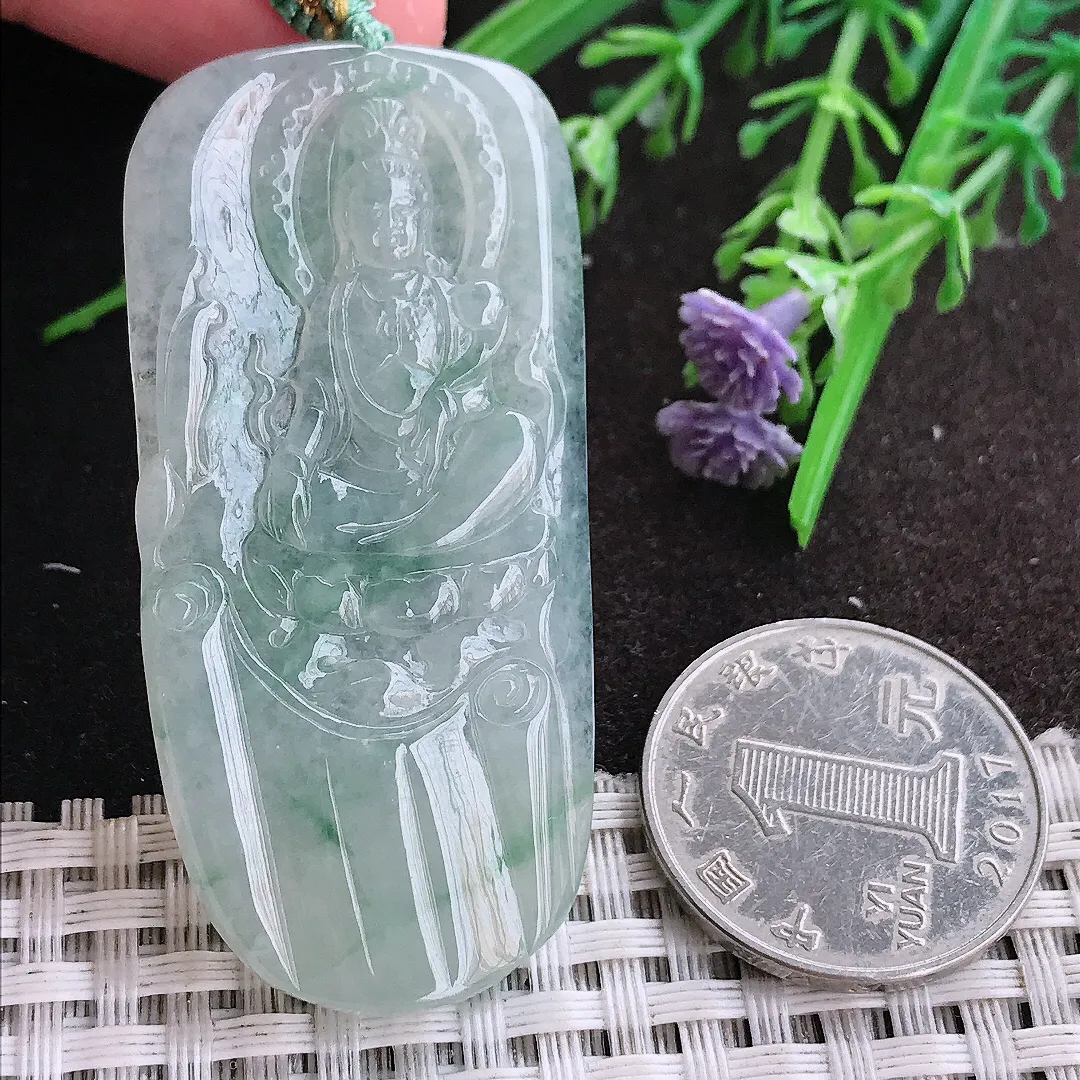 实拍A货翡翠56.3/27/4.3老坑冰胶水灵飘花赐福观音吊坠翡翠挂件