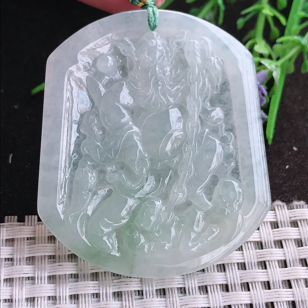 实拍A货翡翠52/45.3/5.2老坑冰胶水灵钟馗伏魔吊坠翡翠挂件